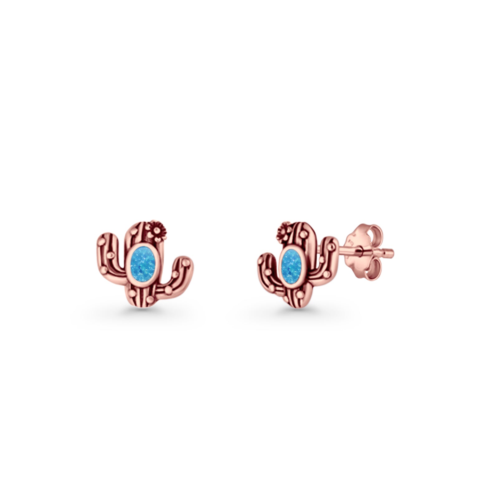 Cactus Stud Earring 8mm Oxidized Lab Created Opal 925 Sterling Silver