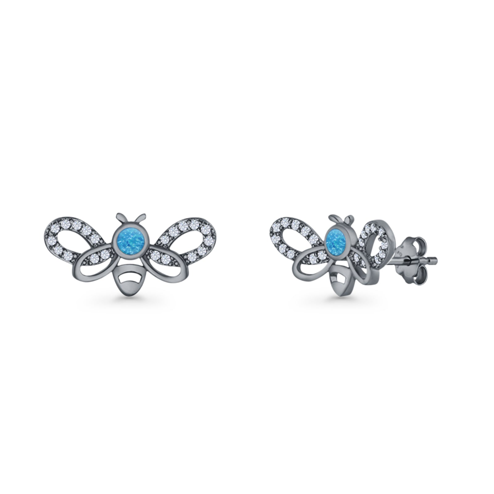 Bee Butterfly Stud Earring Lab Created Opal Push Back 925 Sterling Silver
