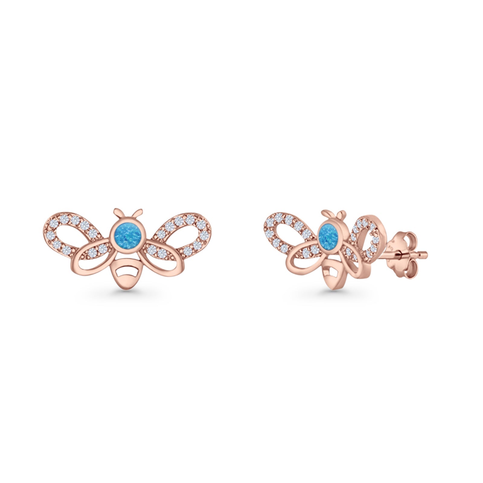 Bee Butterfly Stud Earring Lab Created Opal Push Back 925 Sterling Silver