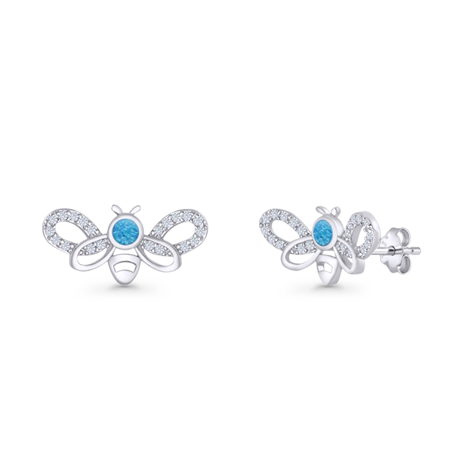 Bee Butterfly Stud Earring Lab Created Opal Push Back 925 Sterling Silver