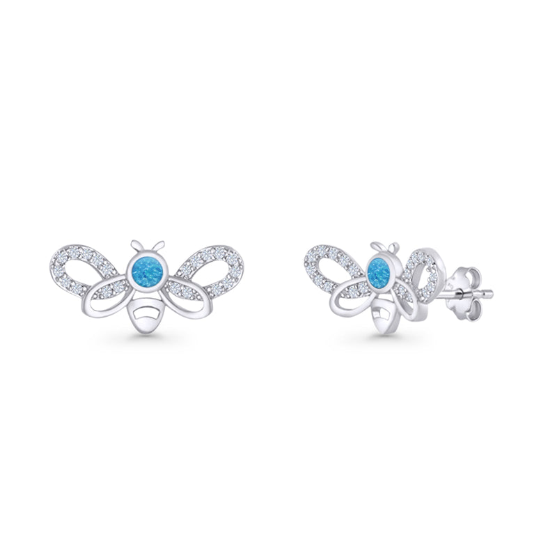 Bee Butterfly Stud Earring Lab Created Opal Push Back 925 Sterling Silver
