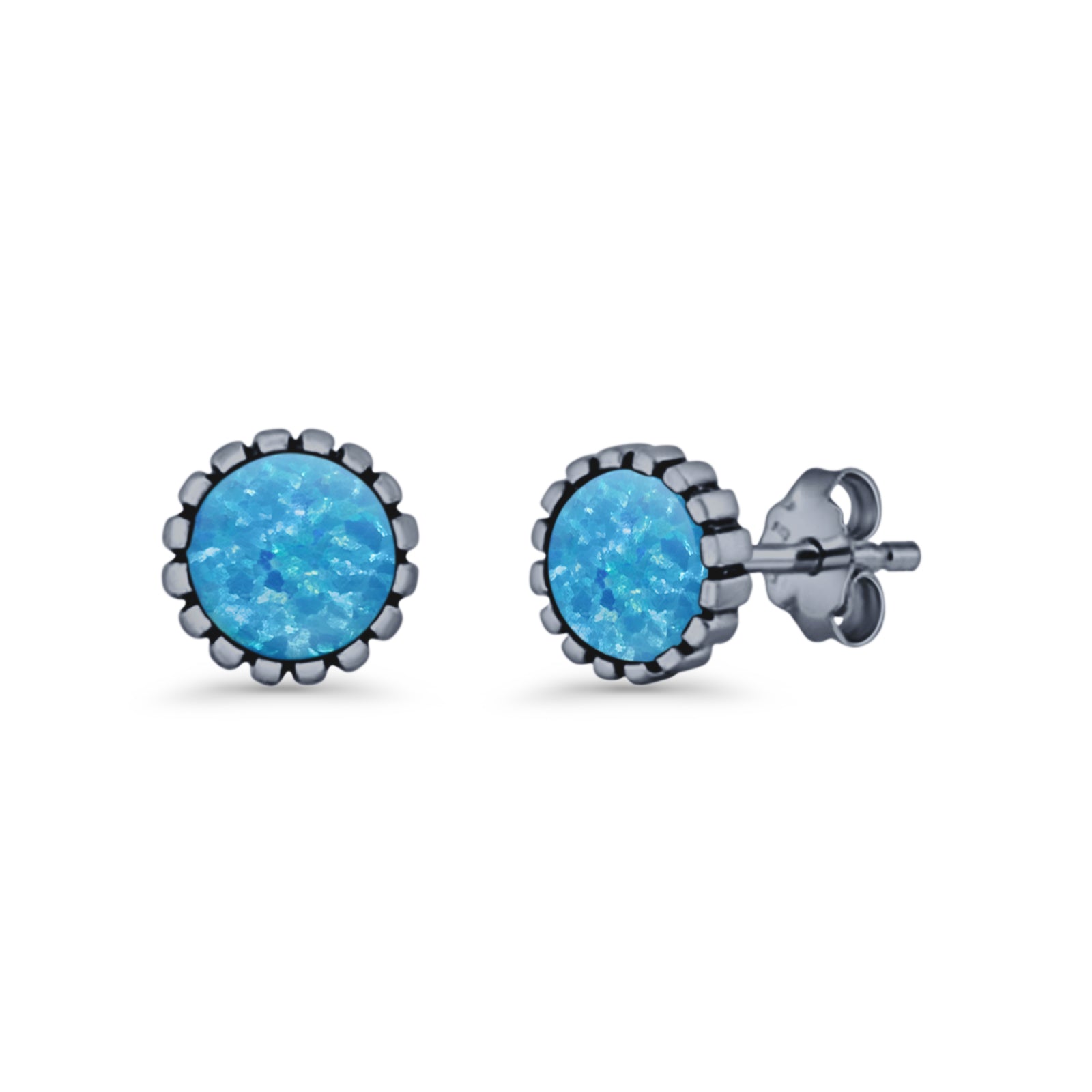 Half Ball Oxidized Round Stud Earring Lab Created Opal 925 Sterling Silver