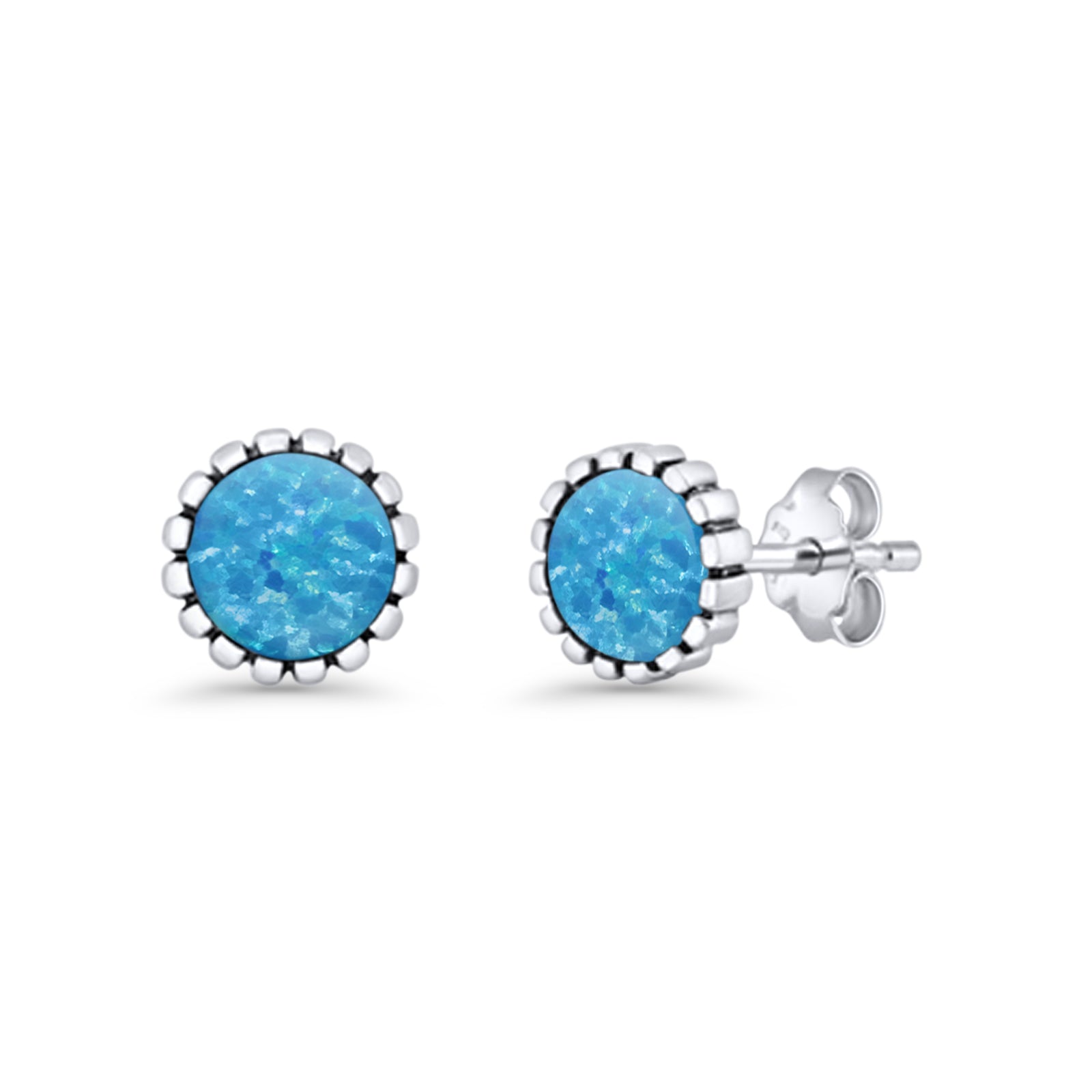 Half Ball Oxidized Round Stud Earring Lab Created Opal 925 Sterling Silver