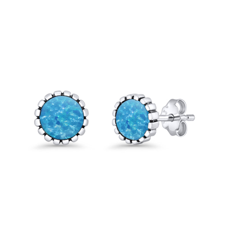 Half Ball Oxidized Round Stud Earring Lab Created Opal 925 Sterling Silver