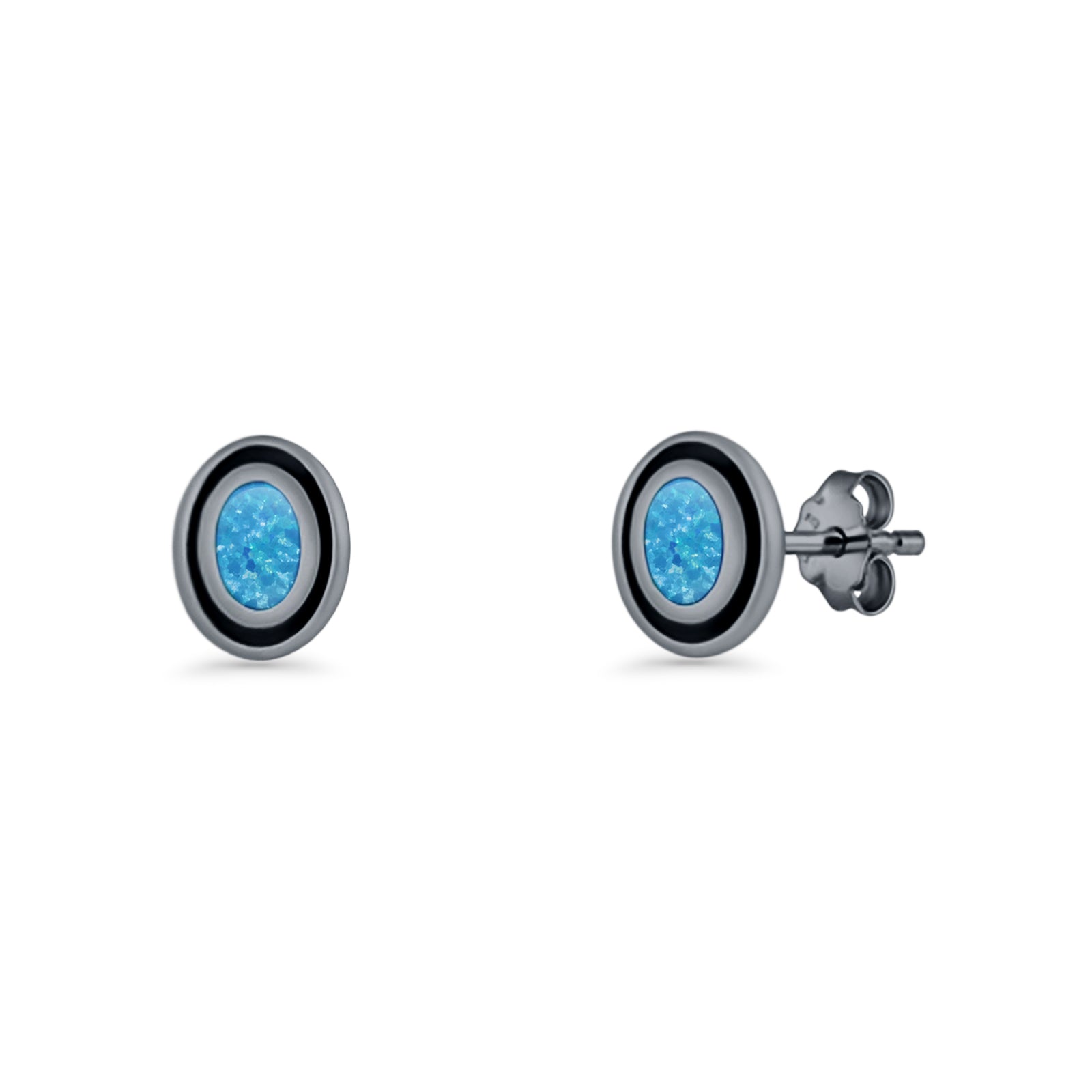 Oval Stud Earring 7.8mm Lab Created Opal Oxidized 925 Sterling Silver