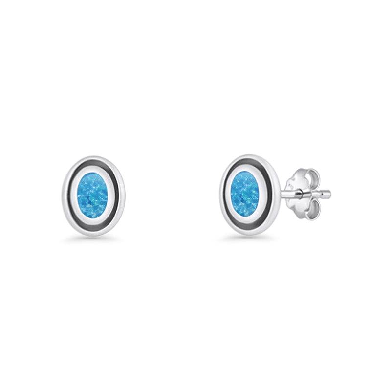 Oval Stud Earring 7.8mm Lab Created Opal Oxidized 925 Sterling Silver