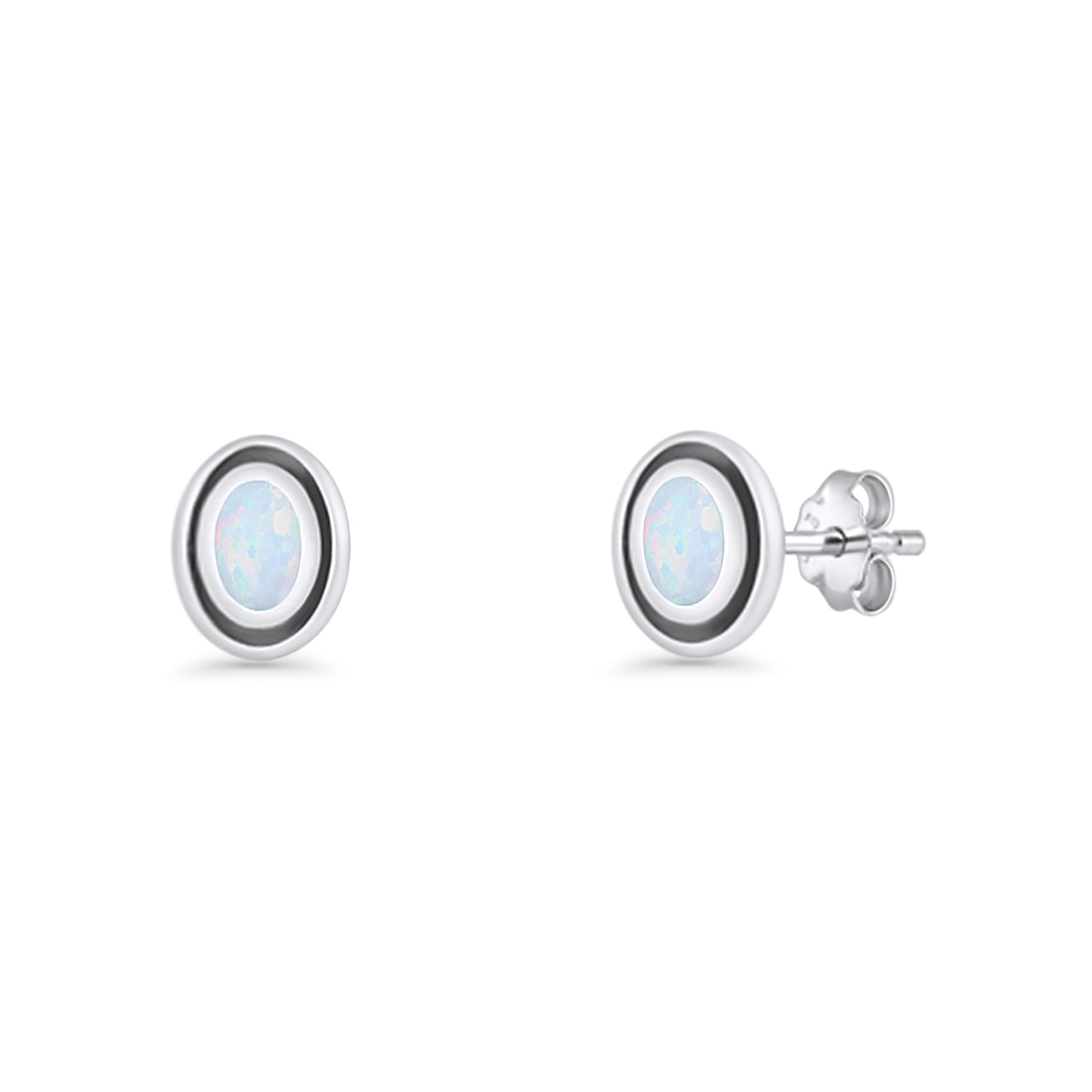 Oval Stud Earring 7.8mm Lab Created Opal Oxidized 925 Sterling Silver