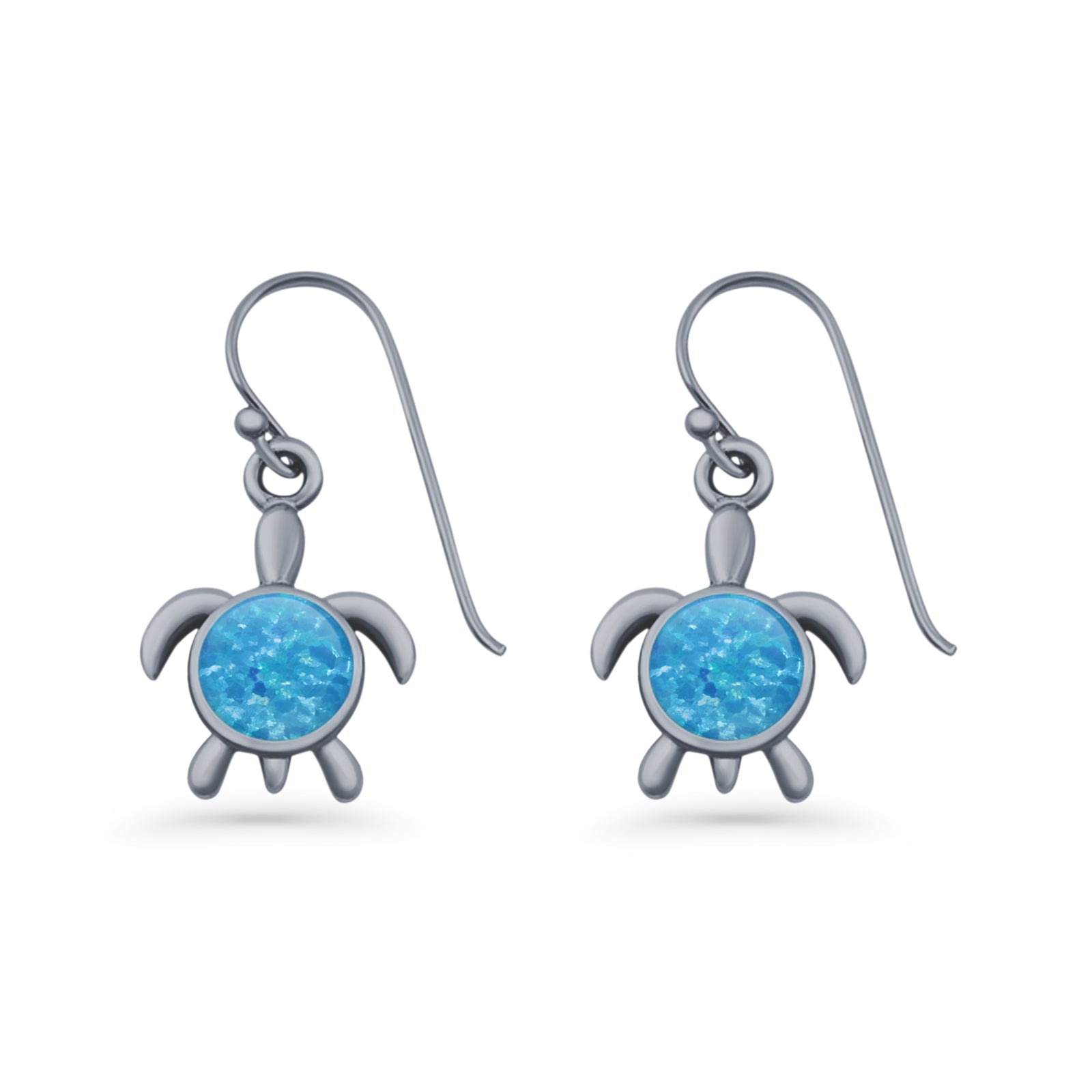 Round 15.3mm Lab Created Opal Turtle Fishhook Earring 925 Sterling Silver