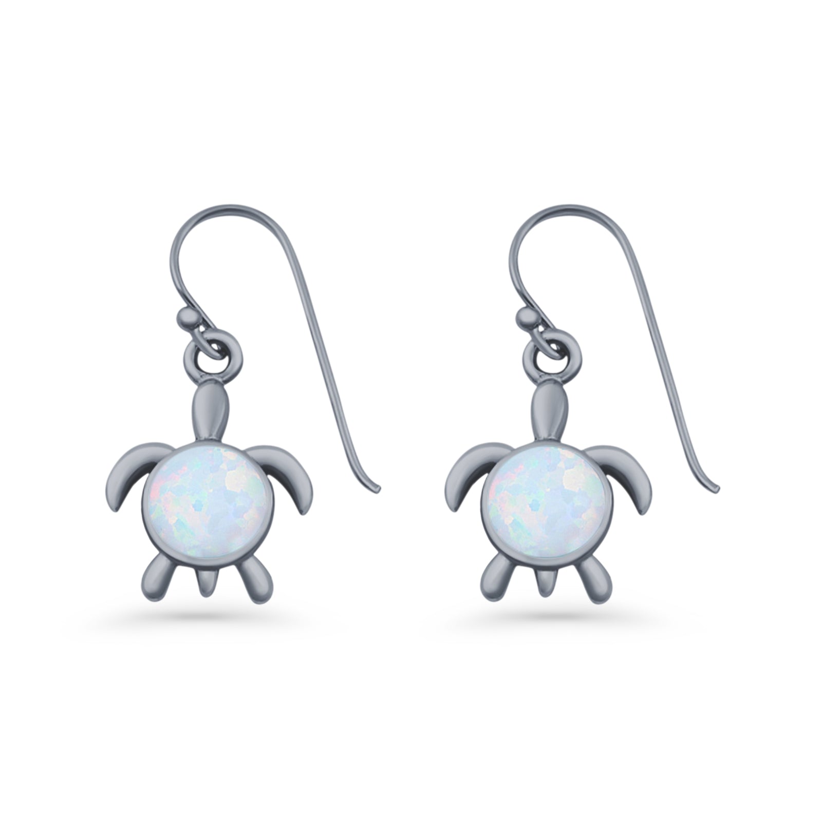 Round 15.3mm Lab Created Opal Turtle Fishhook Earring 925 Sterling Silver