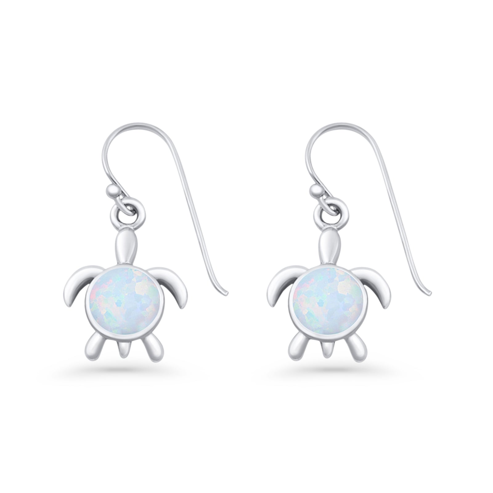 Round 15.3mm Lab Created Opal Turtle Fishhook Earring 925 Sterling Silver