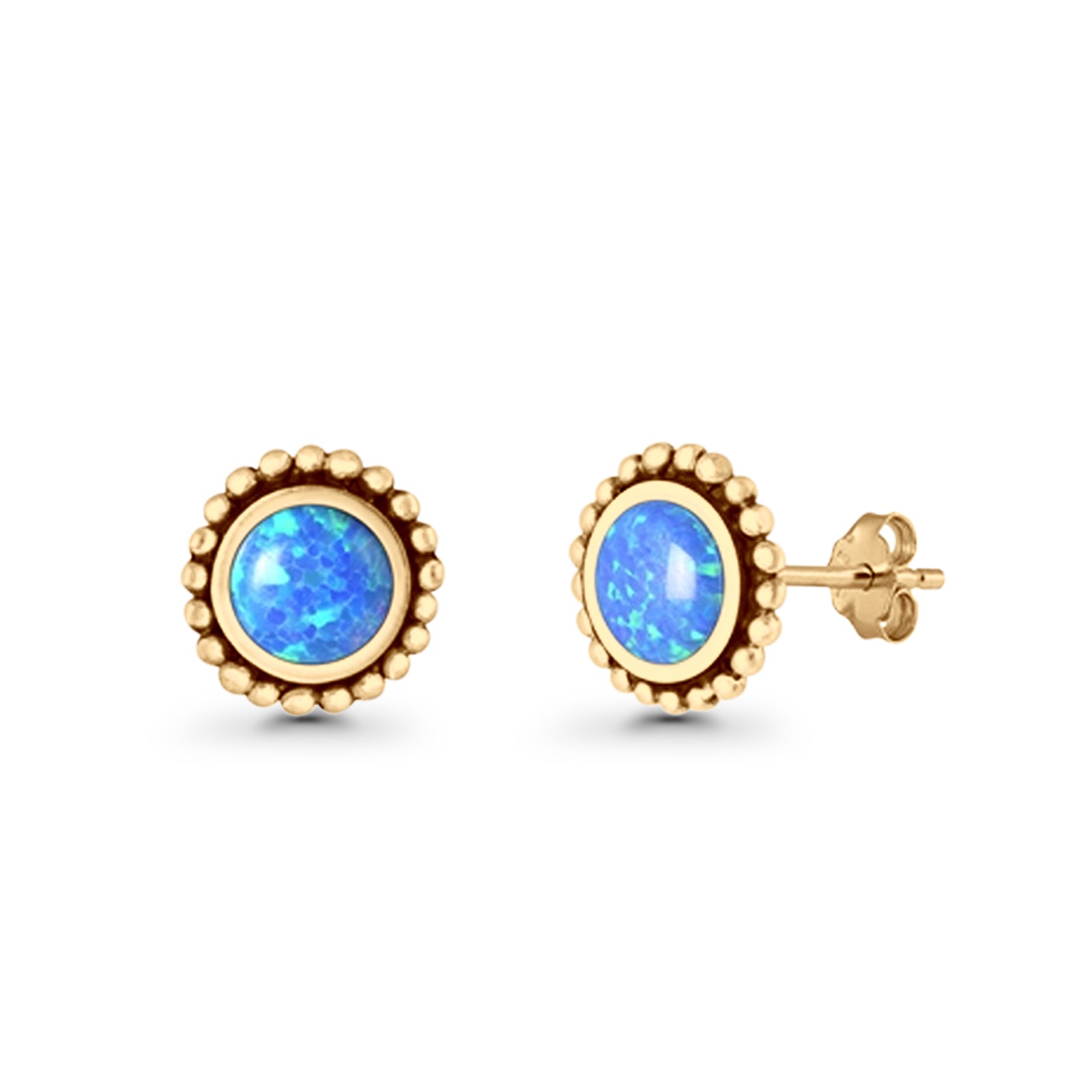 Round Lab Created Opal Beaded Oxidized Stud Earring 925 Sterling Silver
