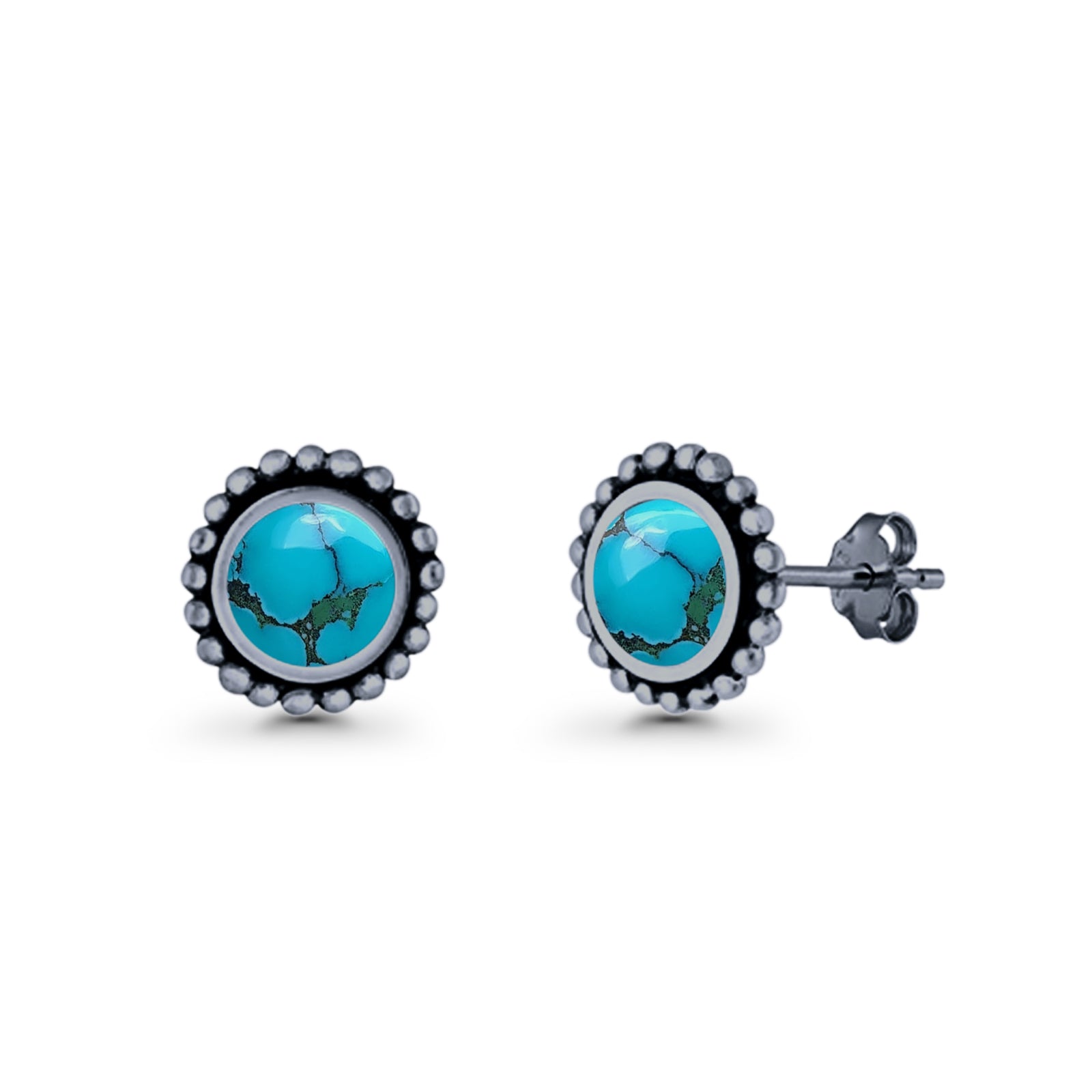 Round Lab Created Opal Beaded Oxidized Stud Earring 925 Sterling Silver