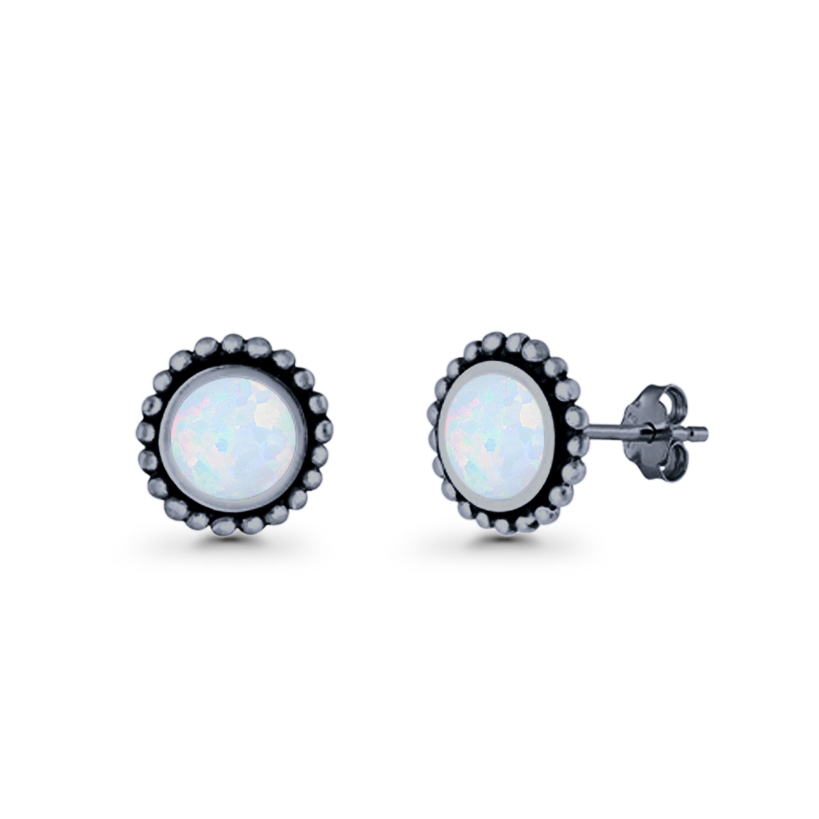 Round Lab Created Opal Beaded Oxidized Stud Earring 925 Sterling Silver