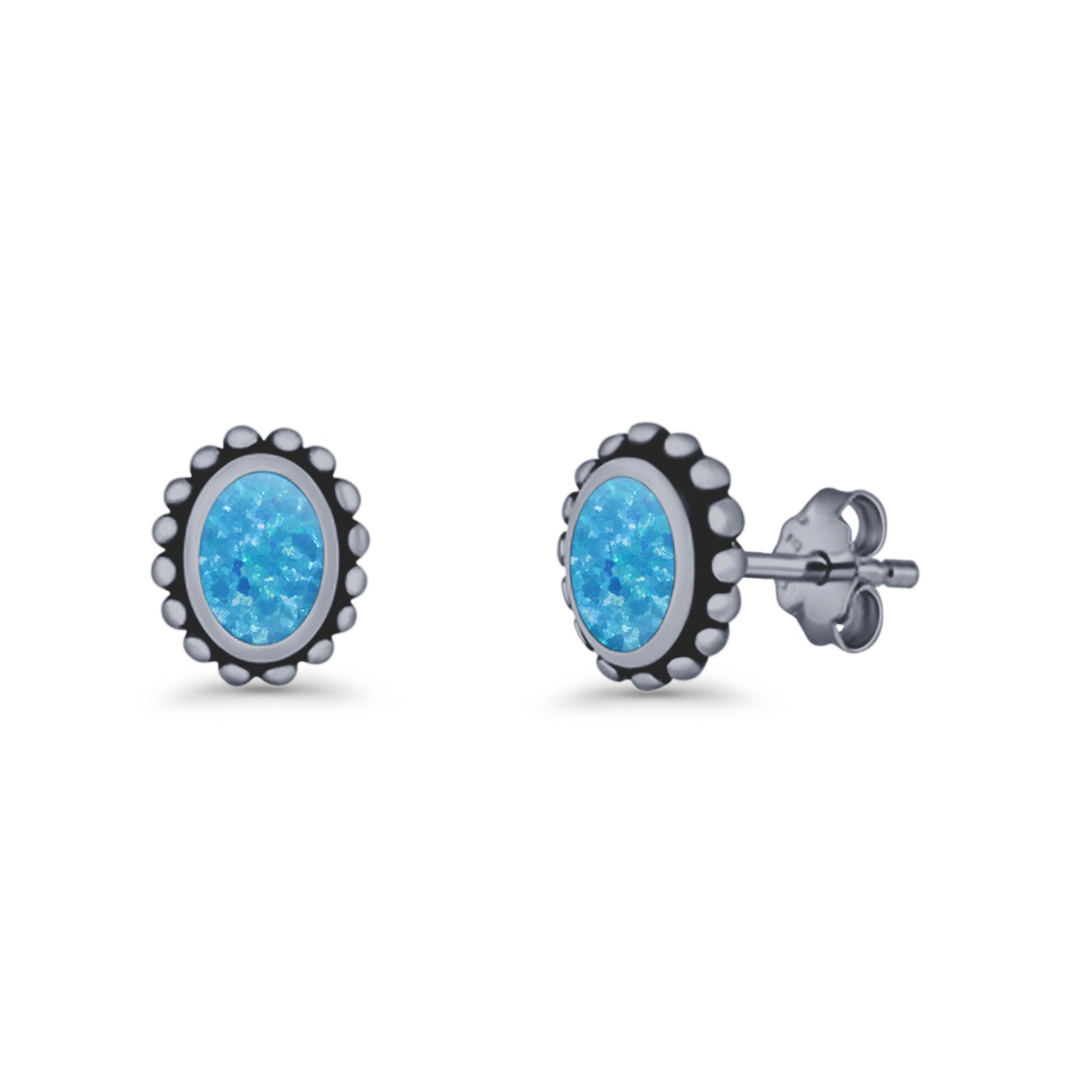 Oval 9.6mm Radiant Halo Stud Earring Lab Created Opal 925 Sterling Silver