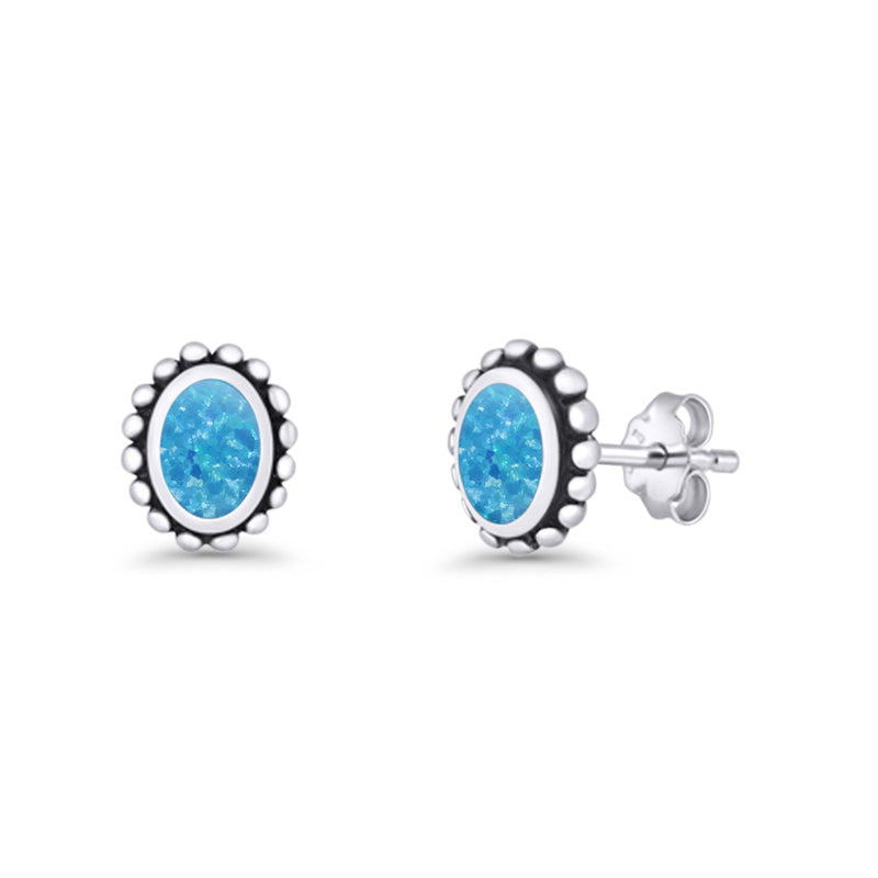 Oval 9.6mm Radiant Halo Stud Earring Lab Created Opal 925 Sterling Silver