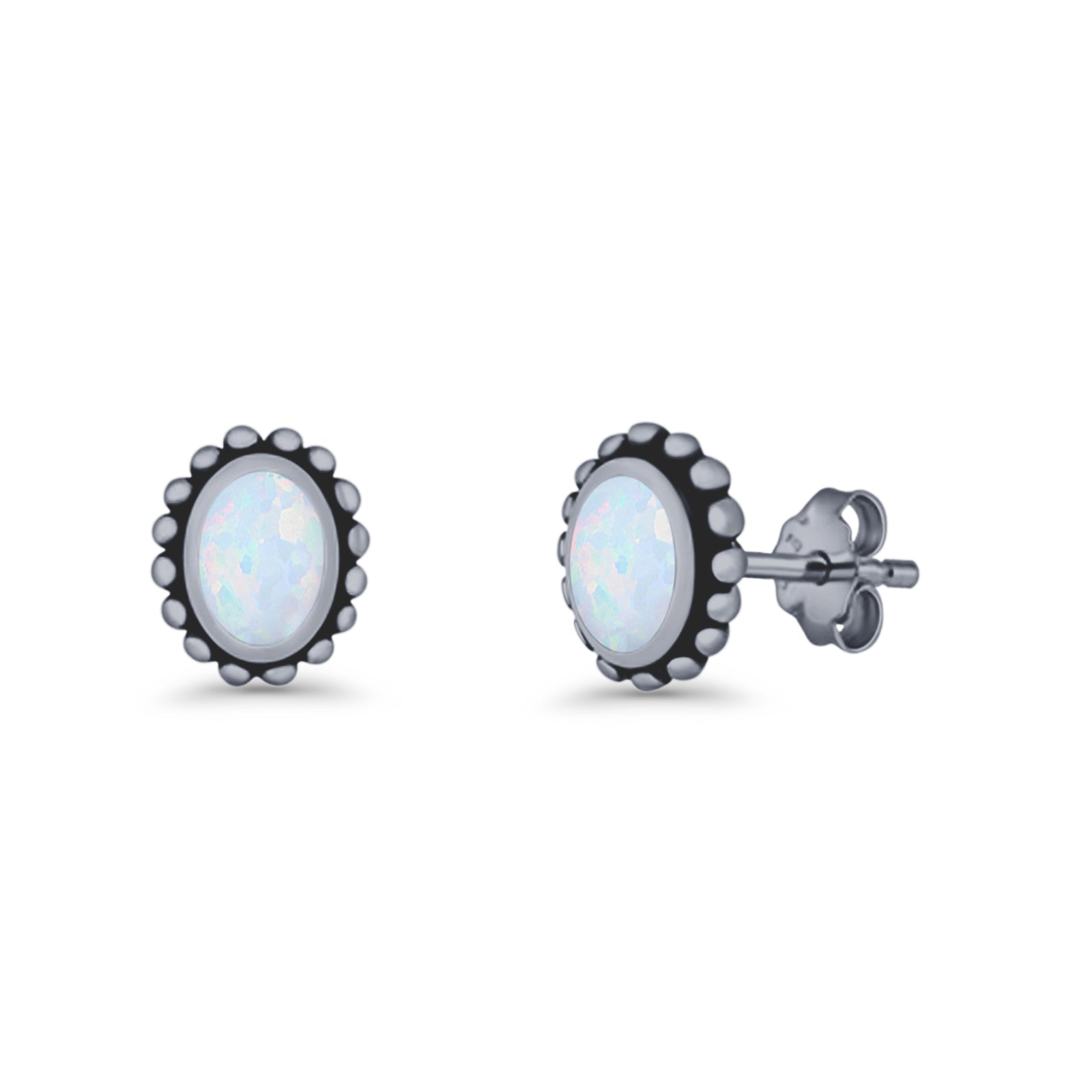 Oval 9.6mm Radiant Halo Stud Earring Lab Created Opal 925 Sterling Silver