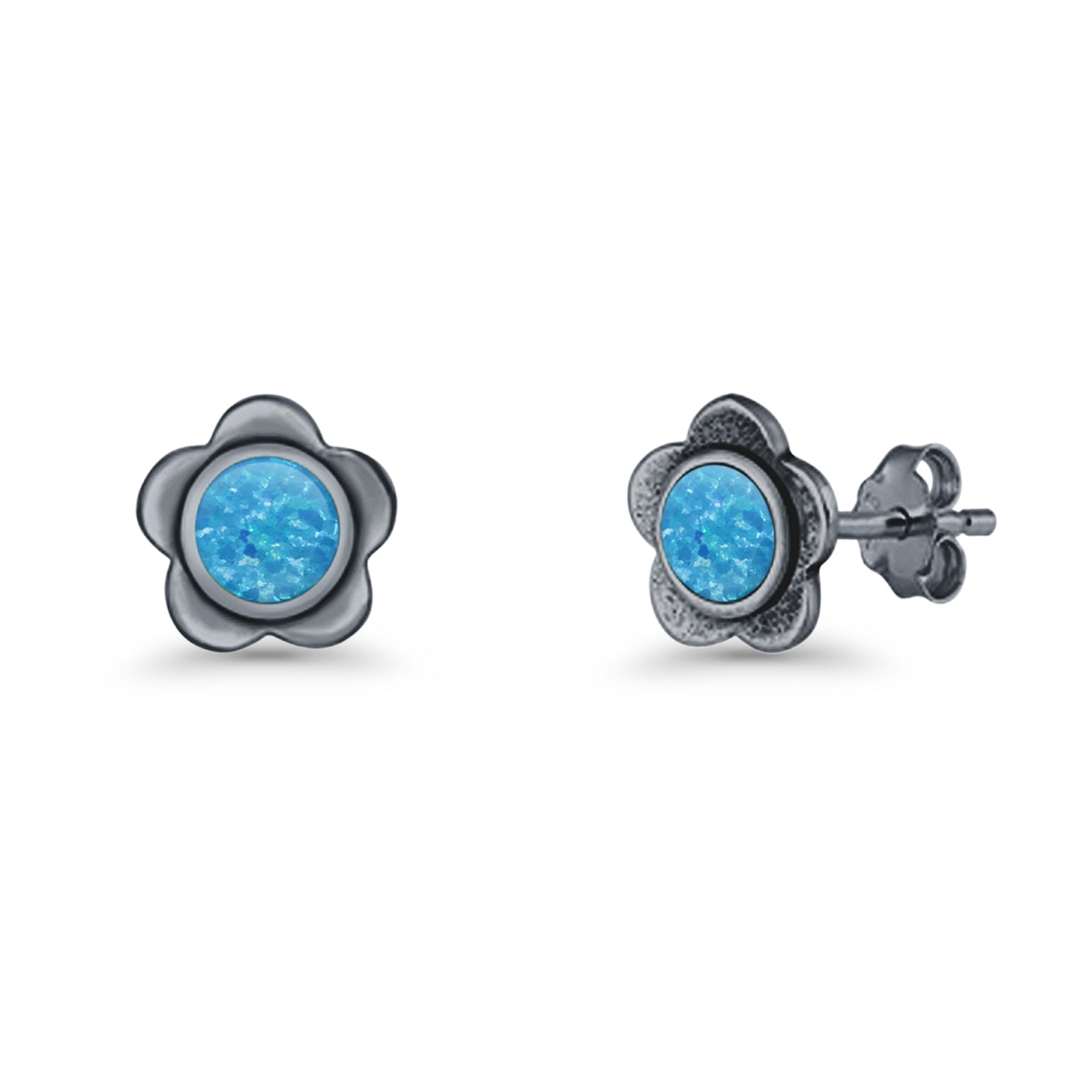 Flower 7.5mm Round Lab Created Opal Floral Stud Earring Oxidized 925 Sterling Silver