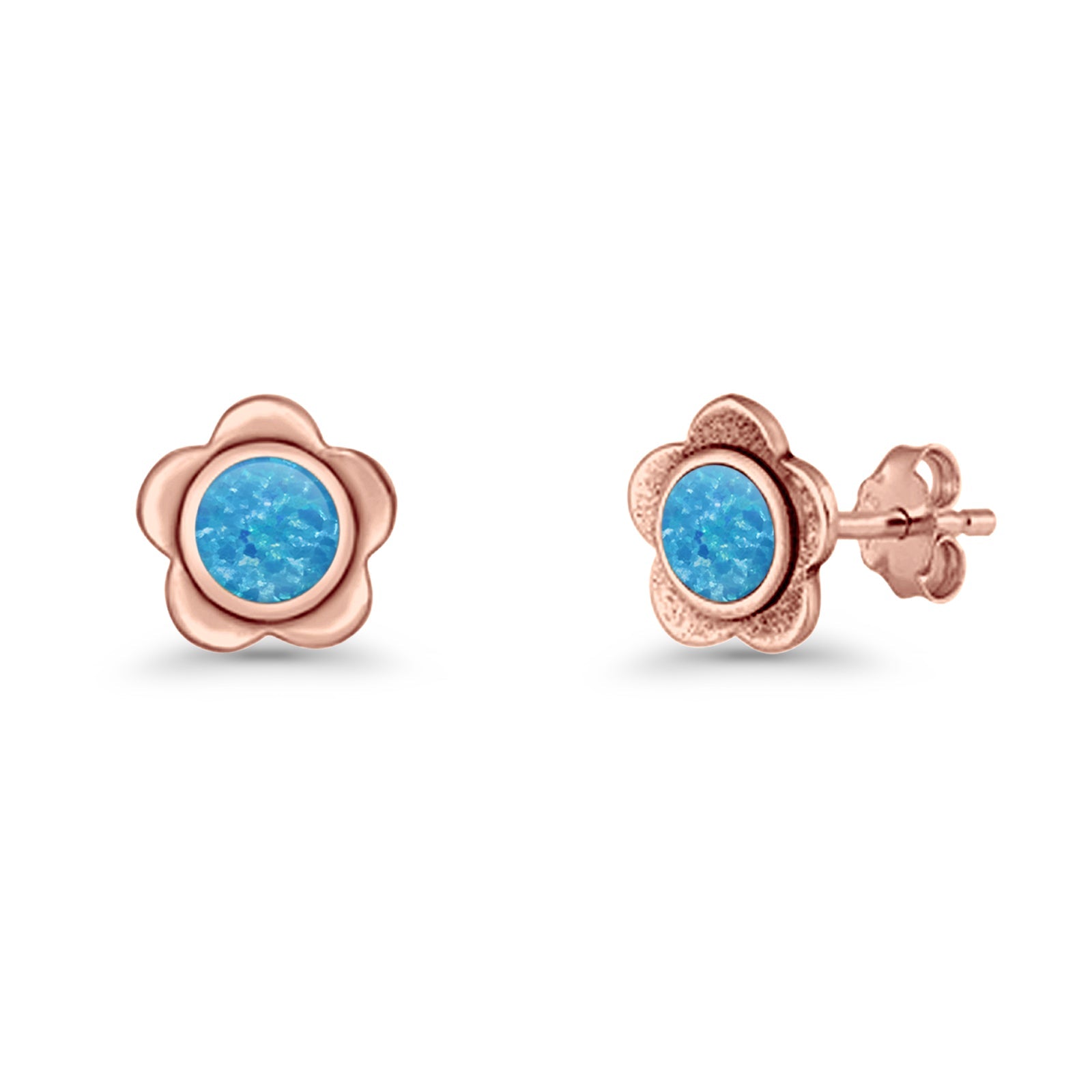 Flower 7.5mm Round Lab Created Opal Floral Stud Earring Oxidized 925 Sterling Silver