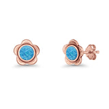 Flower 7.5mm Round Lab Created Opal Floral Stud Earring Oxidized 925 Sterling Silver