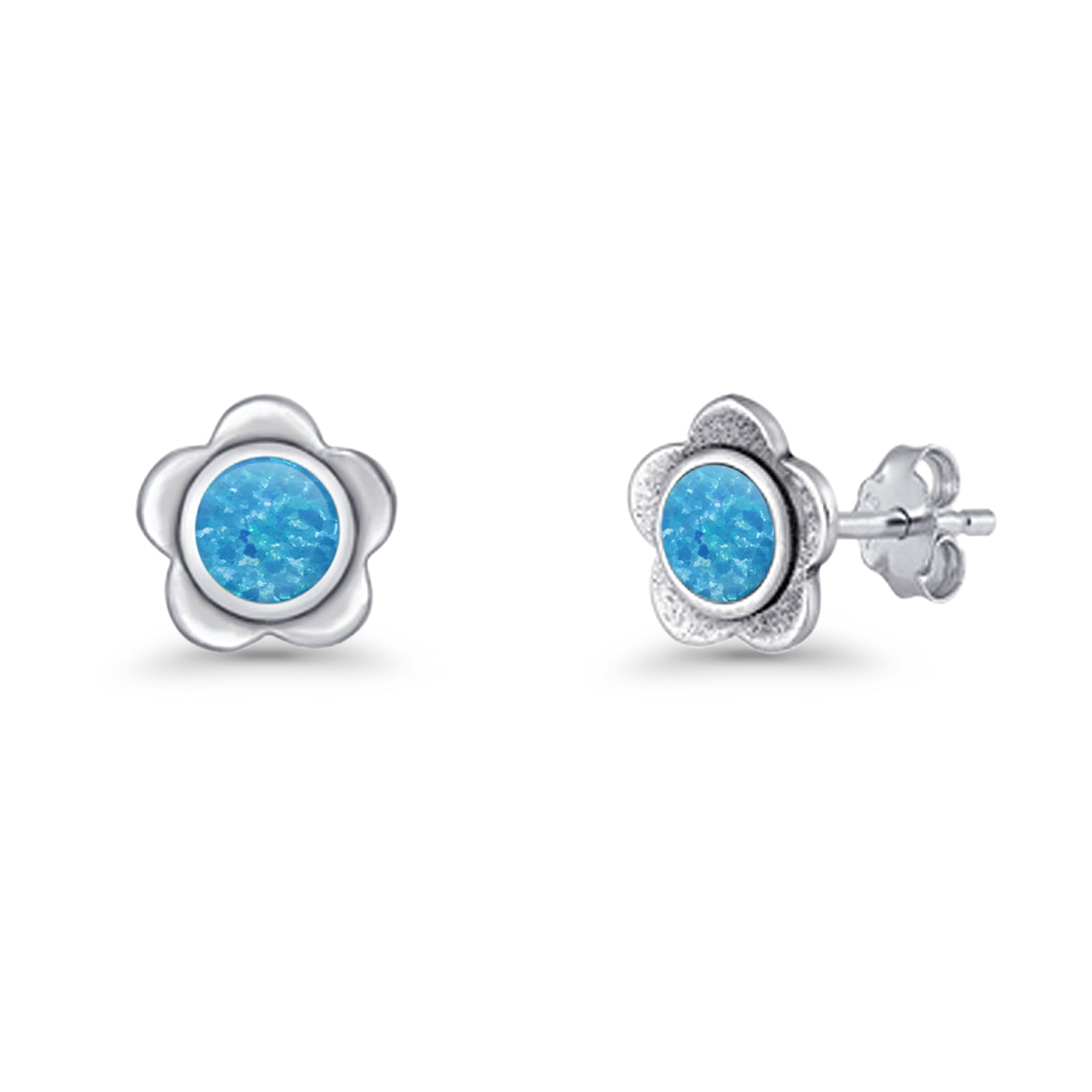 Flower 7.5mm Round Lab Created Opal Floral Stud Earring Oxidized 925 Sterling Silver