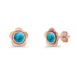 Flower 7.5mm Round Lab Created Opal Floral Stud Earring Oxidized 925 Sterling Silver