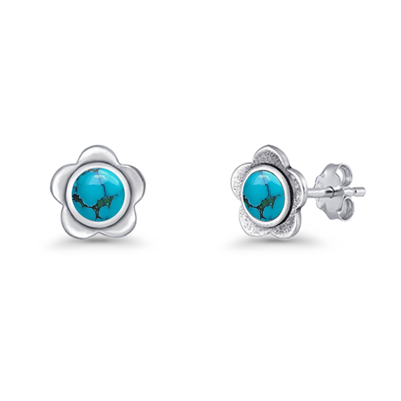 Flower 7.5mm Round Lab Created Opal Floral Stud Earring Oxidized 925 Sterling Silver