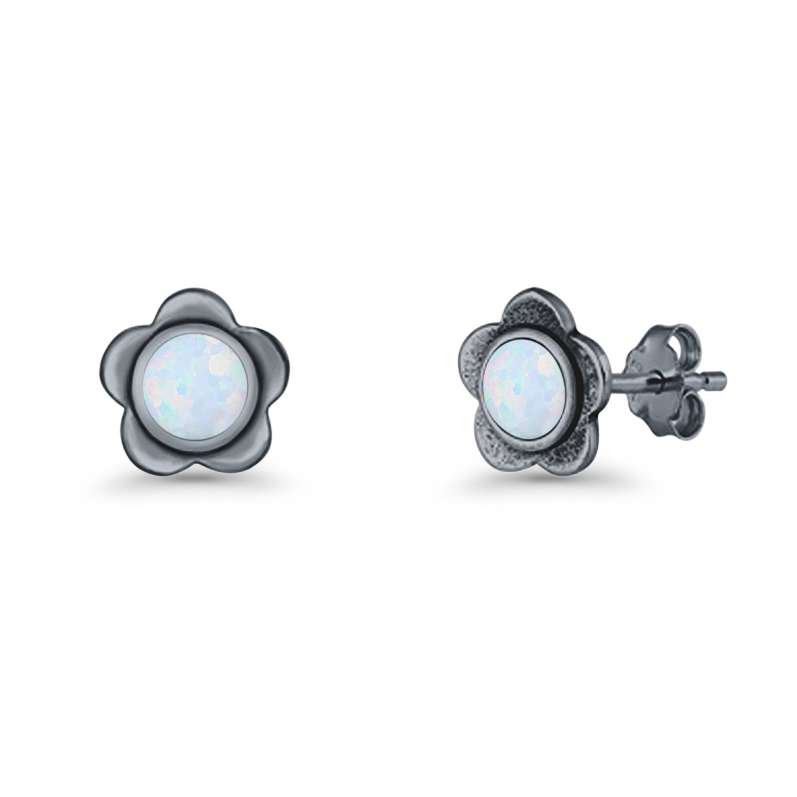 Flower 7.5mm Round Lab Created Opal Floral Stud Earring Oxidized 925 Sterling Silver