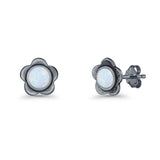 Flower 7.5mm Round Lab Created Opal Floral Stud Earring Oxidized 925 Sterling Silver