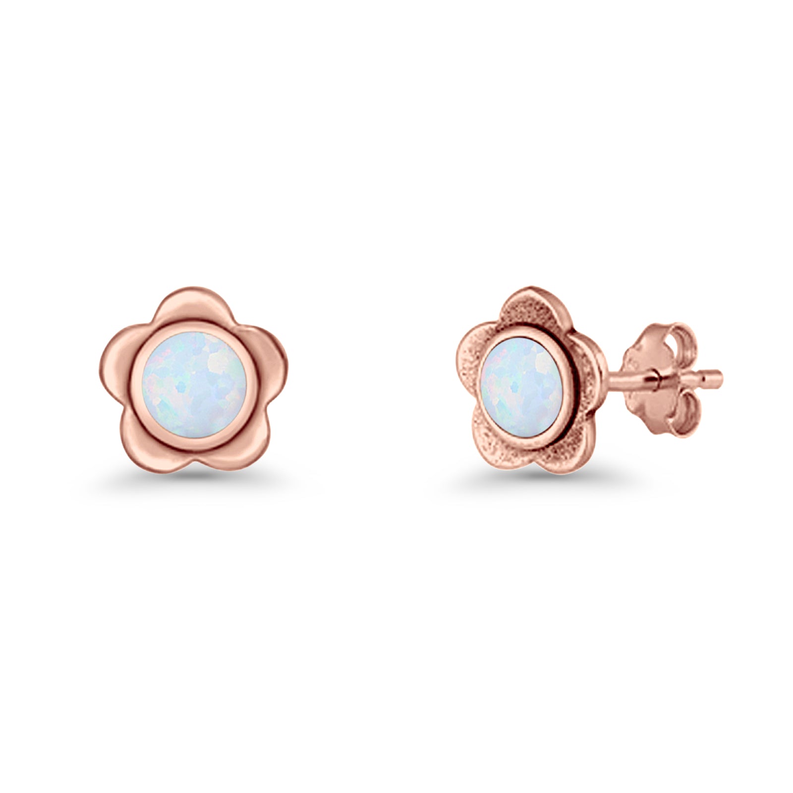 Flower 7.5mm Round Lab Created Opal Floral Stud Earring Oxidized 925 Sterling Silver