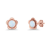 Flower 7.5mm Round Lab Created Opal Floral Stud Earring Oxidized 925 Sterling Silver