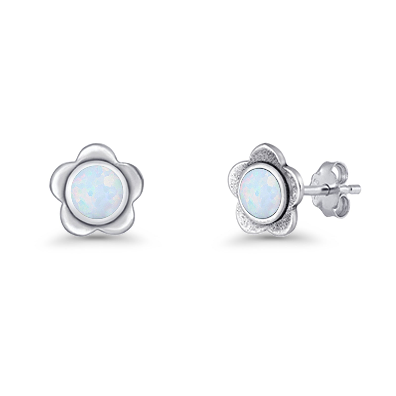 Flower 7.5mm Round Lab Created Opal Floral Stud Earring Oxidized 925 Sterling Silver