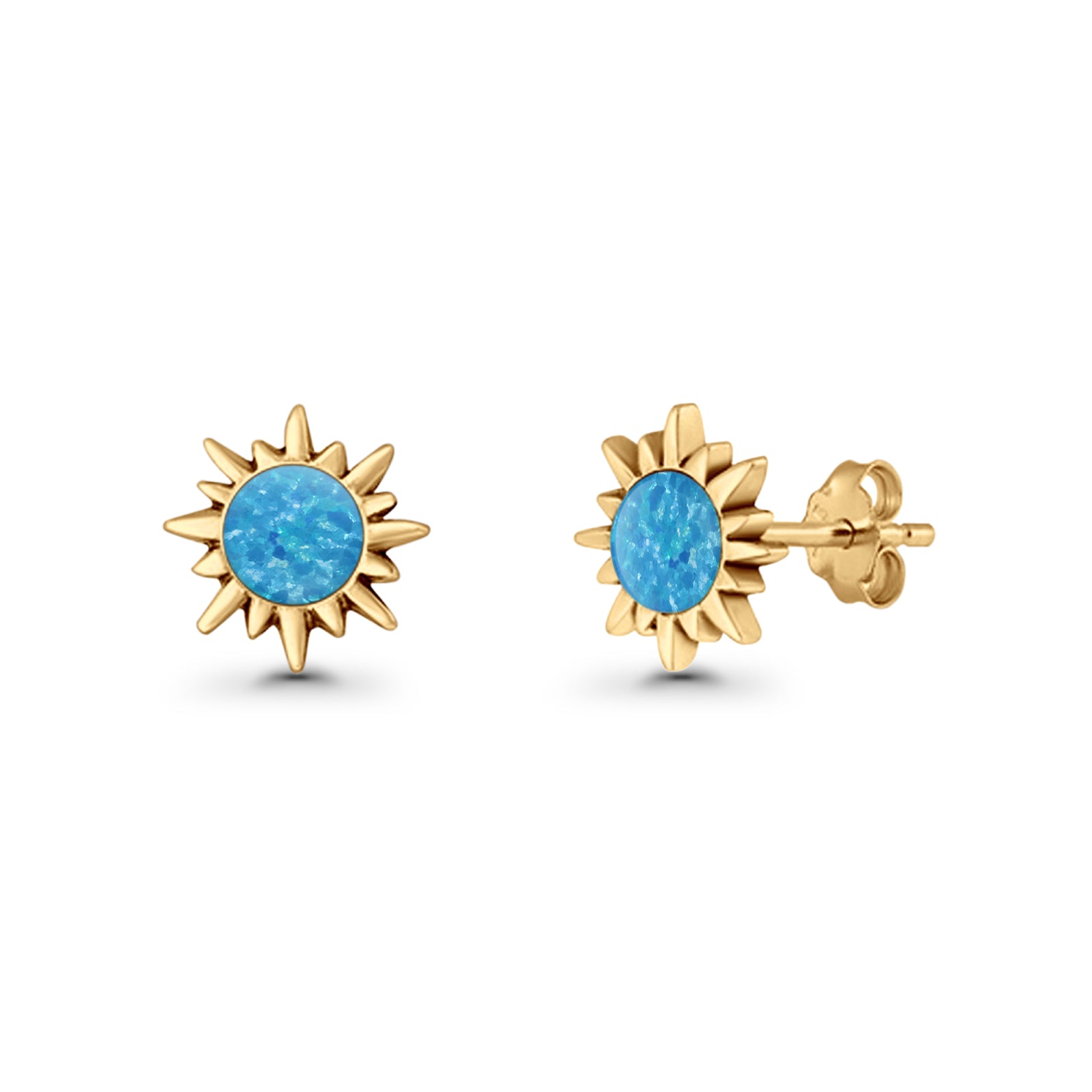 Sunflower 11mm Round Lab Created Opal Stud Earring Star Oxidized 925 Sterling Silver