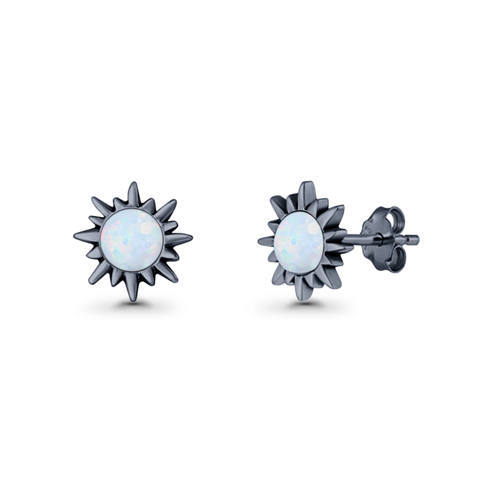 Sunflower 11mm Round Lab Created Opal Stud Earring Star Oxidized 925 Sterling Silver