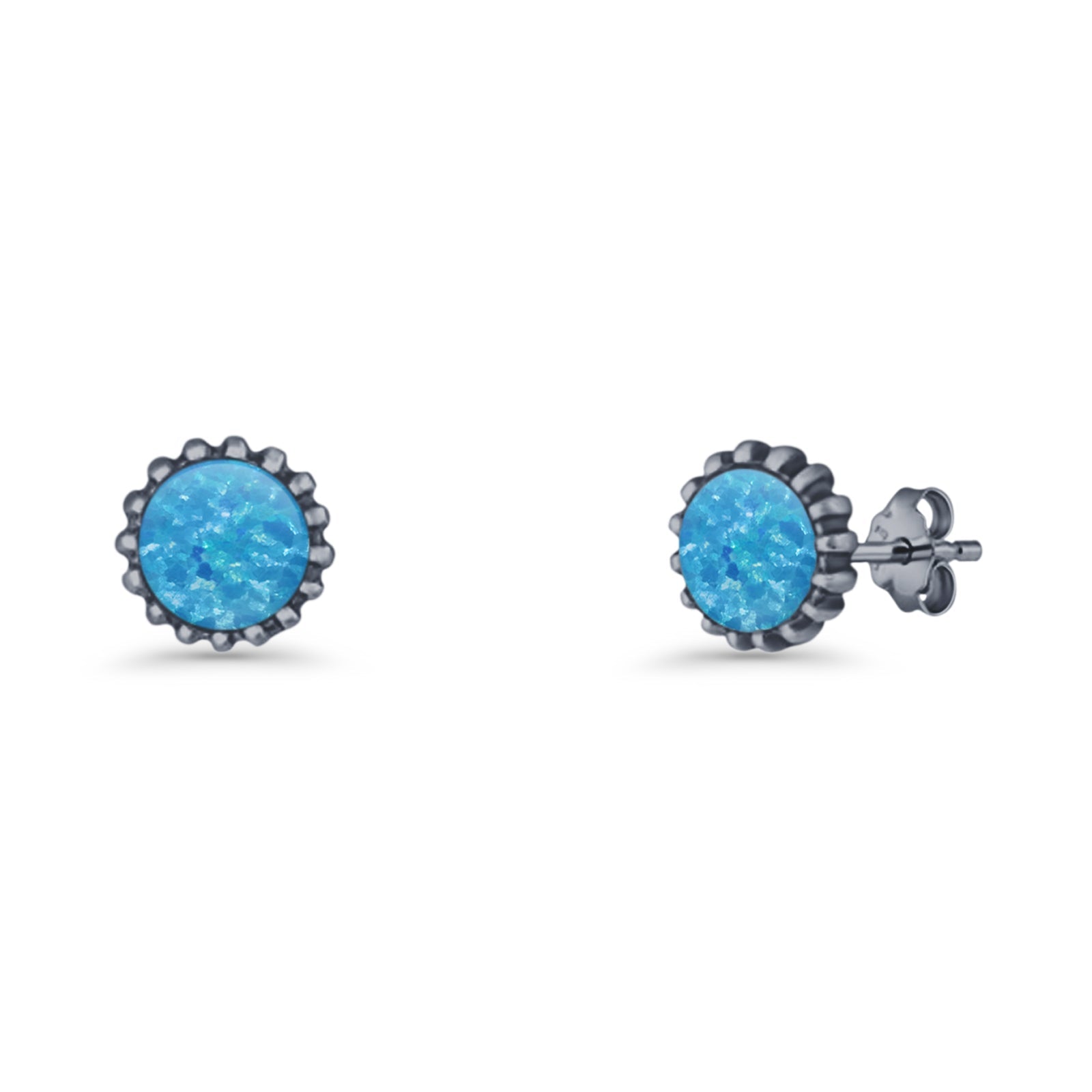 Round 7.3mm Stud Earring Lab Created Opal Oxidized 925 Sterling Silver