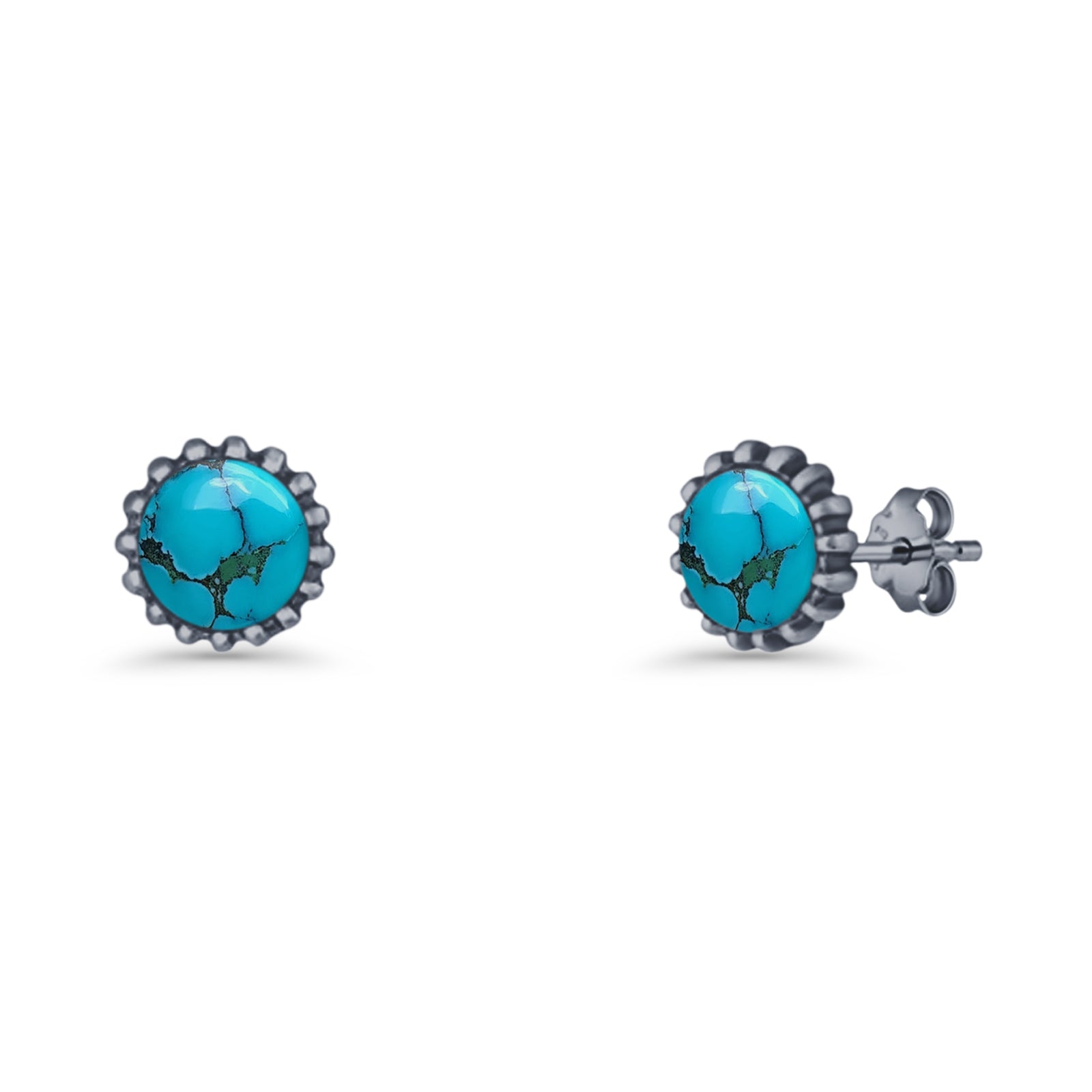 Round 7.3mm Stud Earring Lab Created Opal Oxidized 925 Sterling Silver