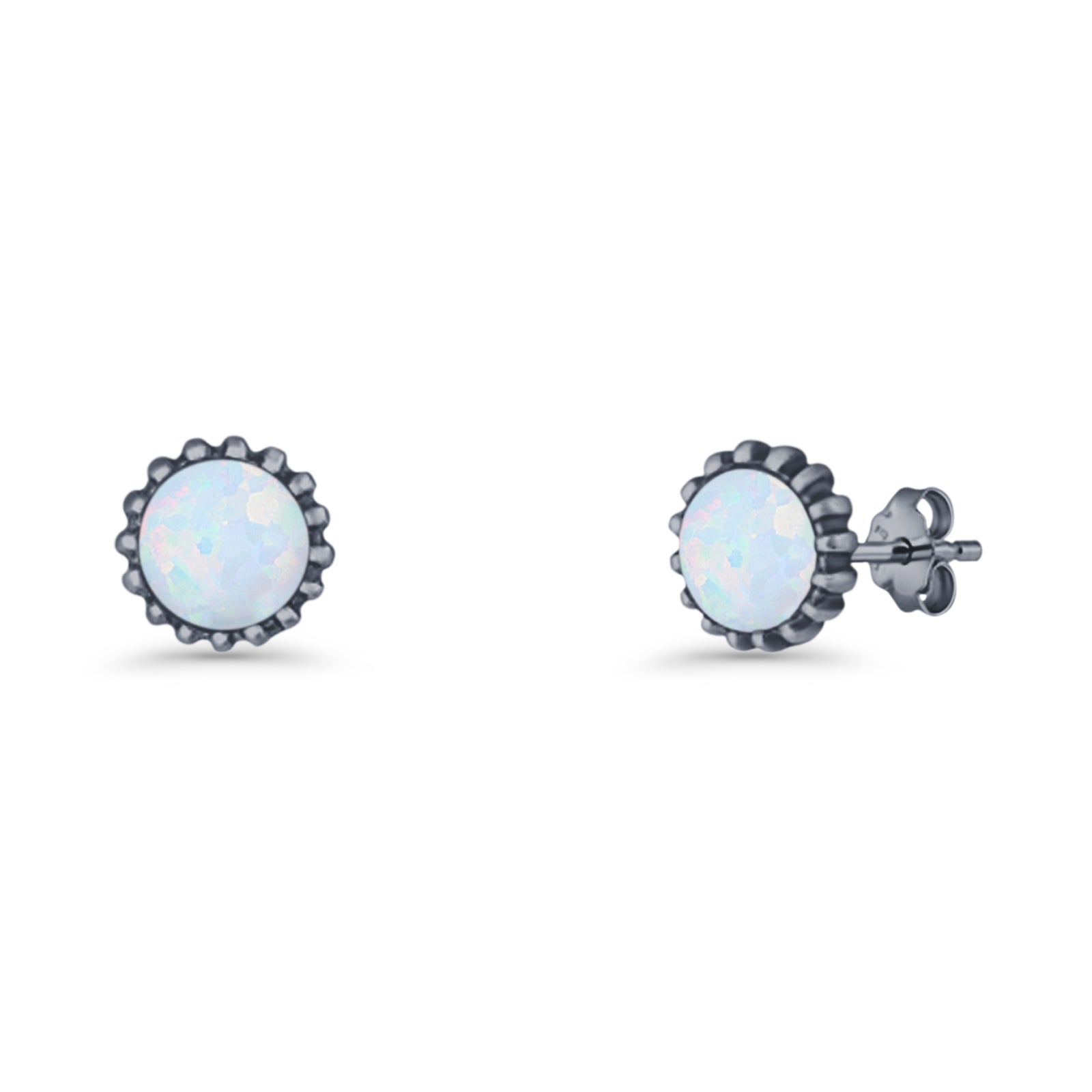 Round 7.3mm Stud Earring Lab Created Opal Oxidized 925 Sterling Silver