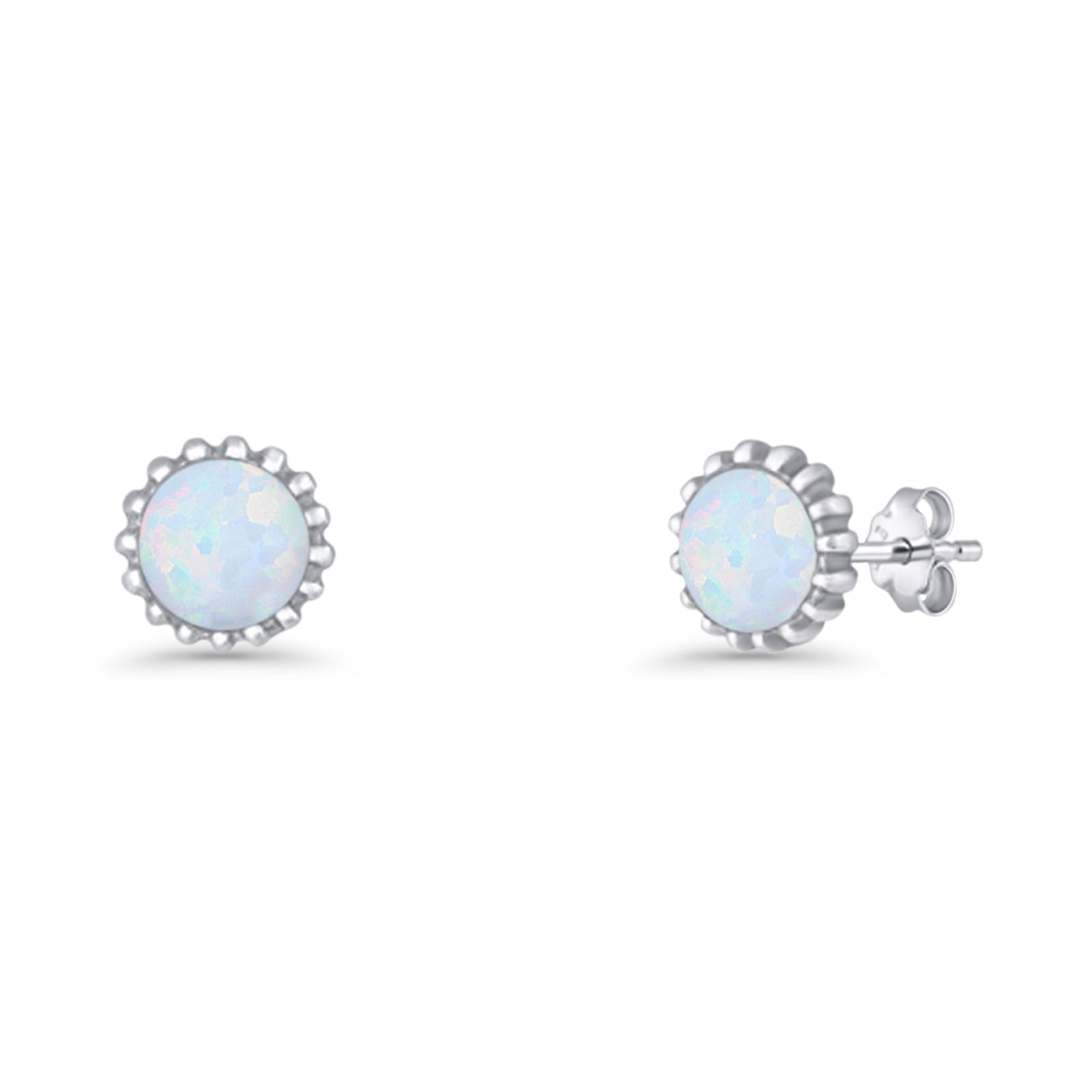 Round 7.3mm Stud Earring Lab Created Opal Oxidized 925 Sterling Silver