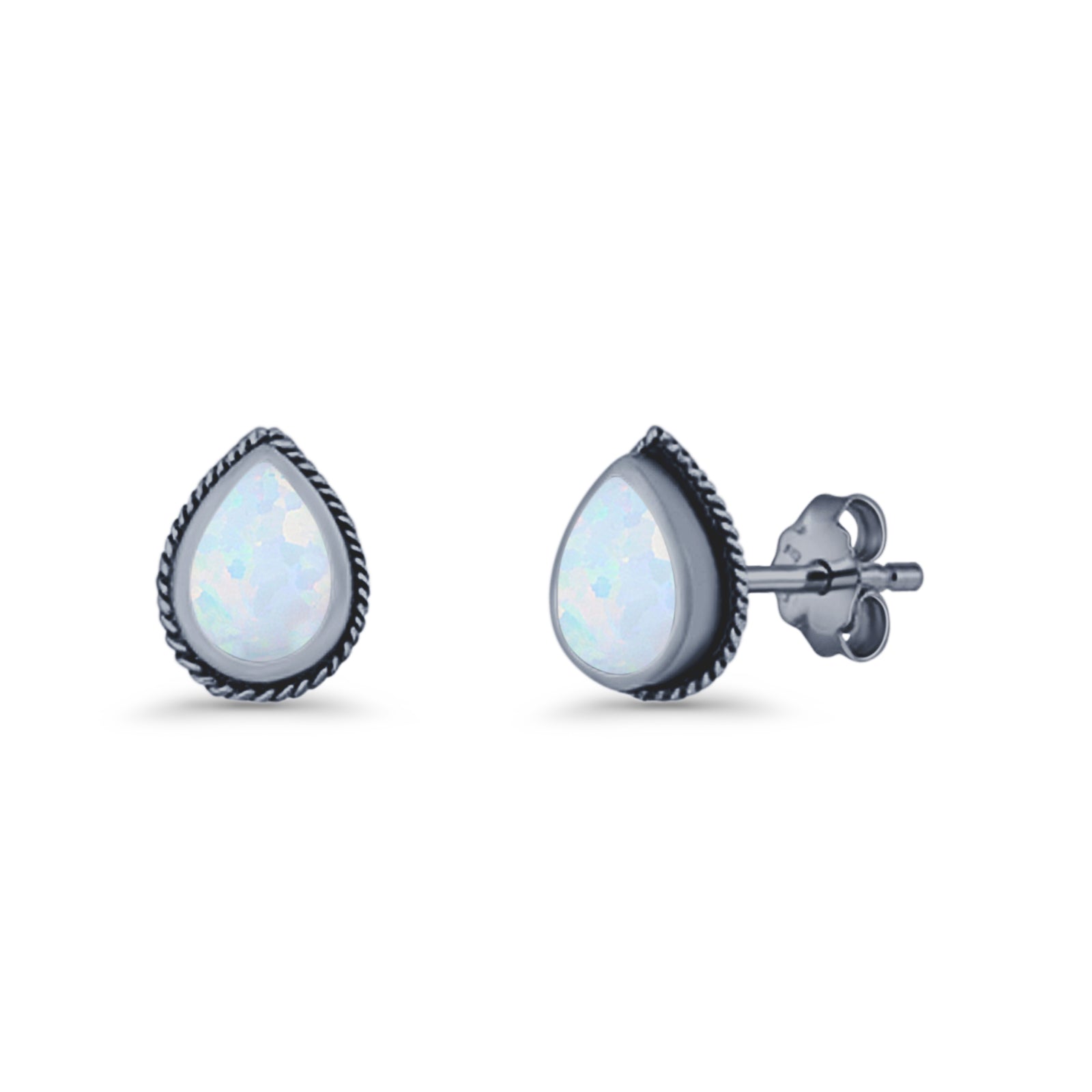 Pear Teardrop Twisted Rope Lab Created Opal Stud Earring Oxidized 925 Sterling Silver