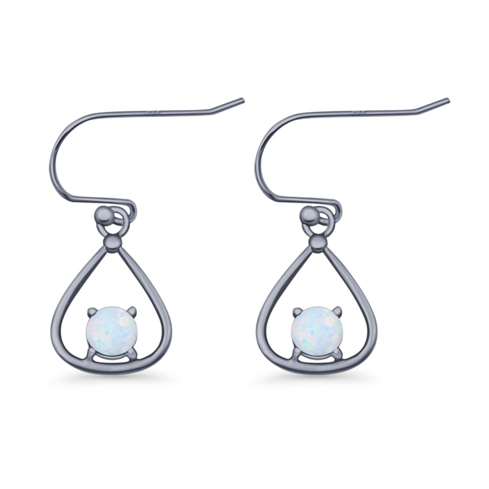 Pear 15.2mm Fishhook Earring Oxidized Round Lab Created Opal 925 Sterling Silver