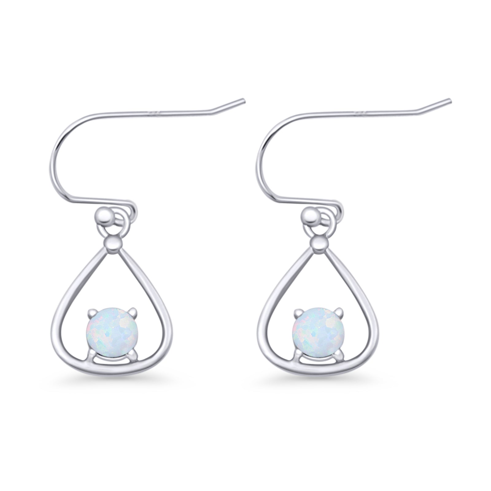 Pear 15.2mm Fishhook Earring Oxidized Round Lab Created Opal 925 Sterling Silver