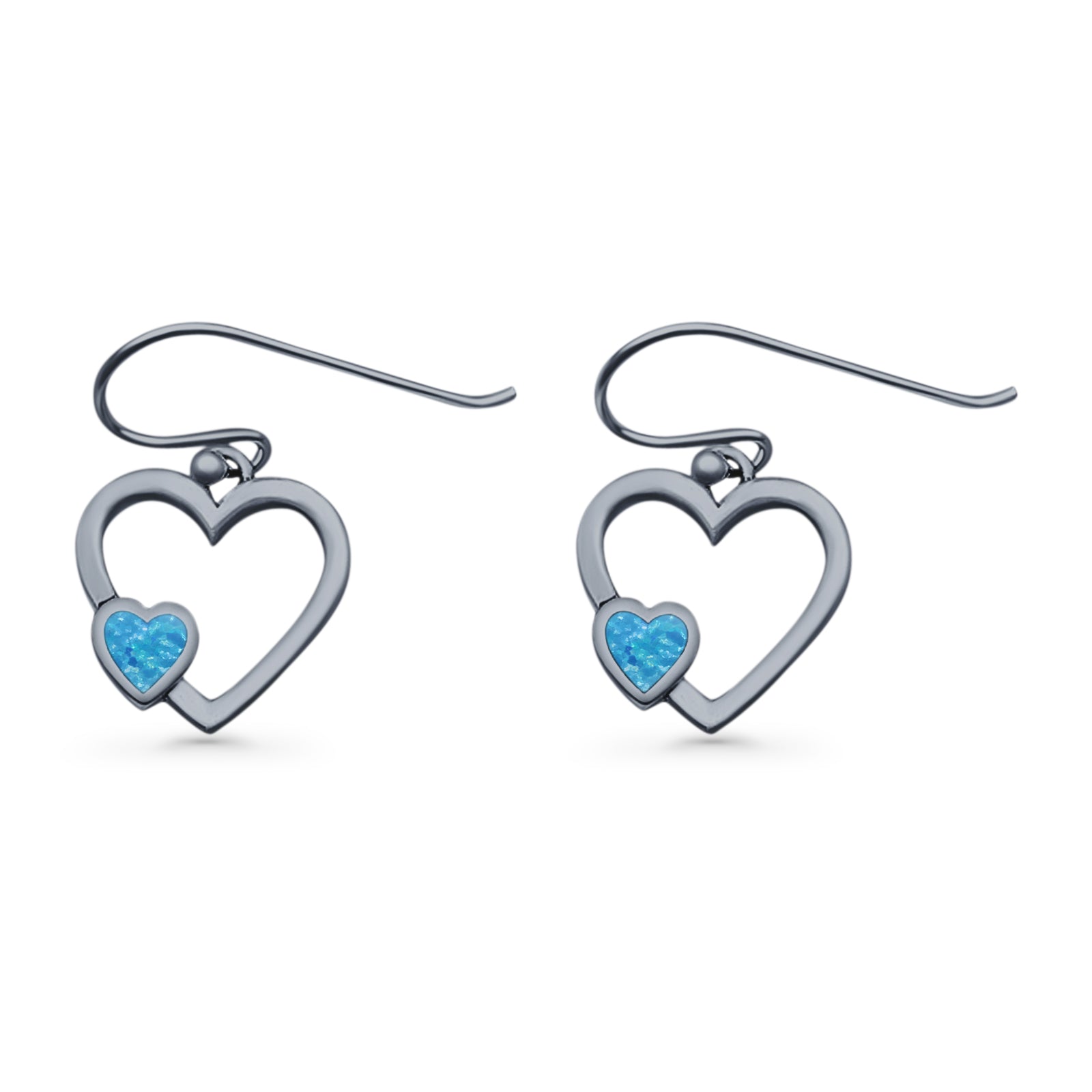 Heart Fishhook Earrings 13.2mm Lab Created Opal Oxidized 925 Sterling Silver
