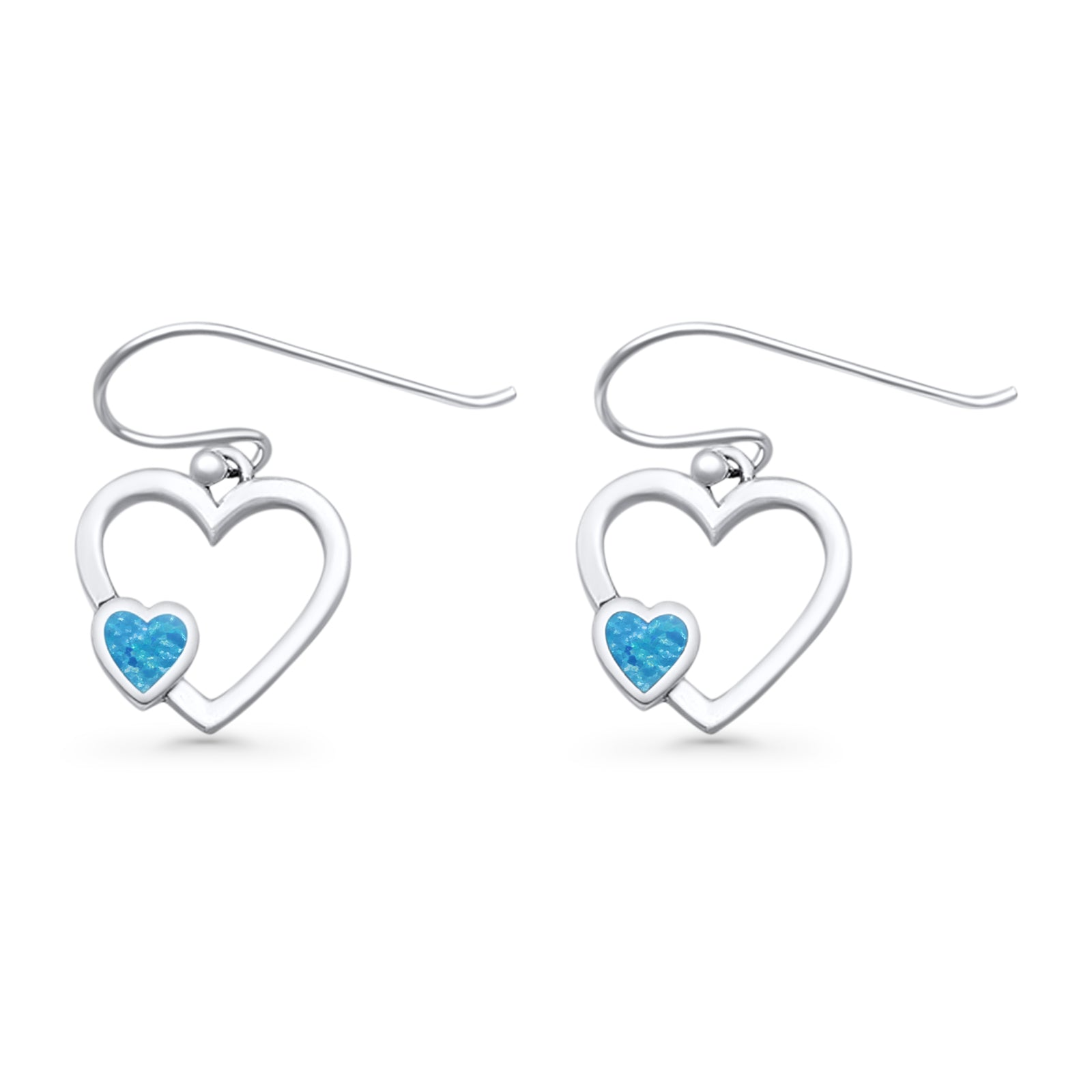 Heart Fishhook Earrings 13.2mm Lab Created Opal Oxidized 925 Sterling Silver