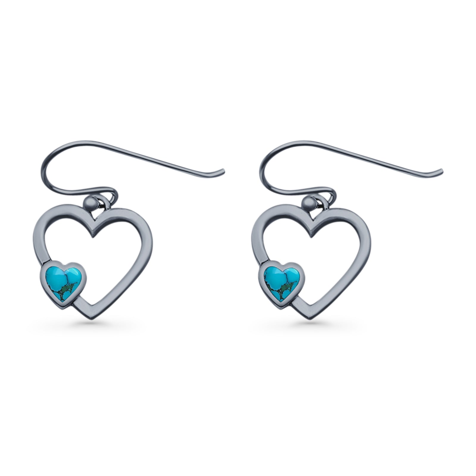 Heart Fishhook Earrings 13.2mm Lab Created Opal Oxidized 925 Sterling Silver