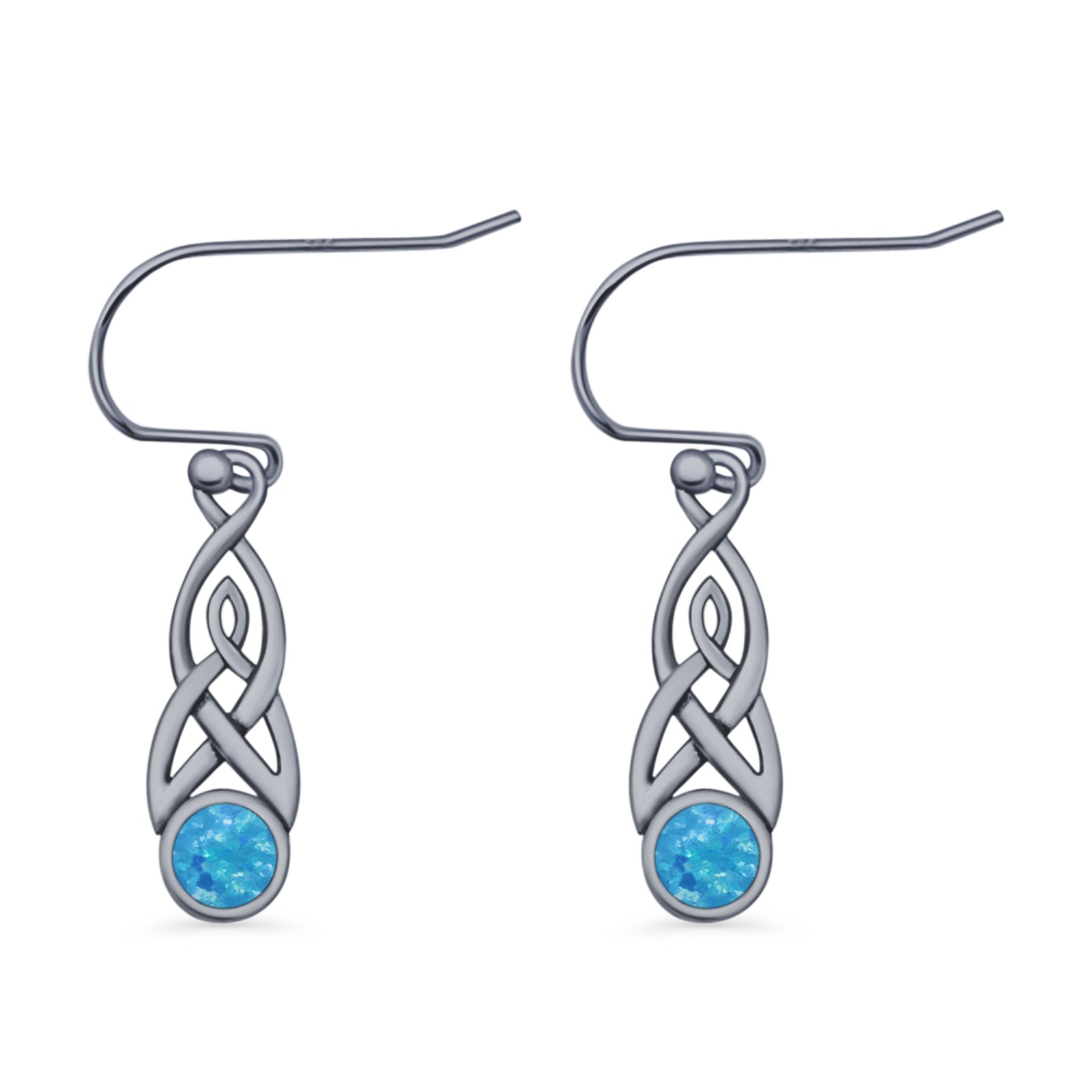 Round Lab Created Opal Trinity Dangle Fishhook Earring 925 Sterling Silver