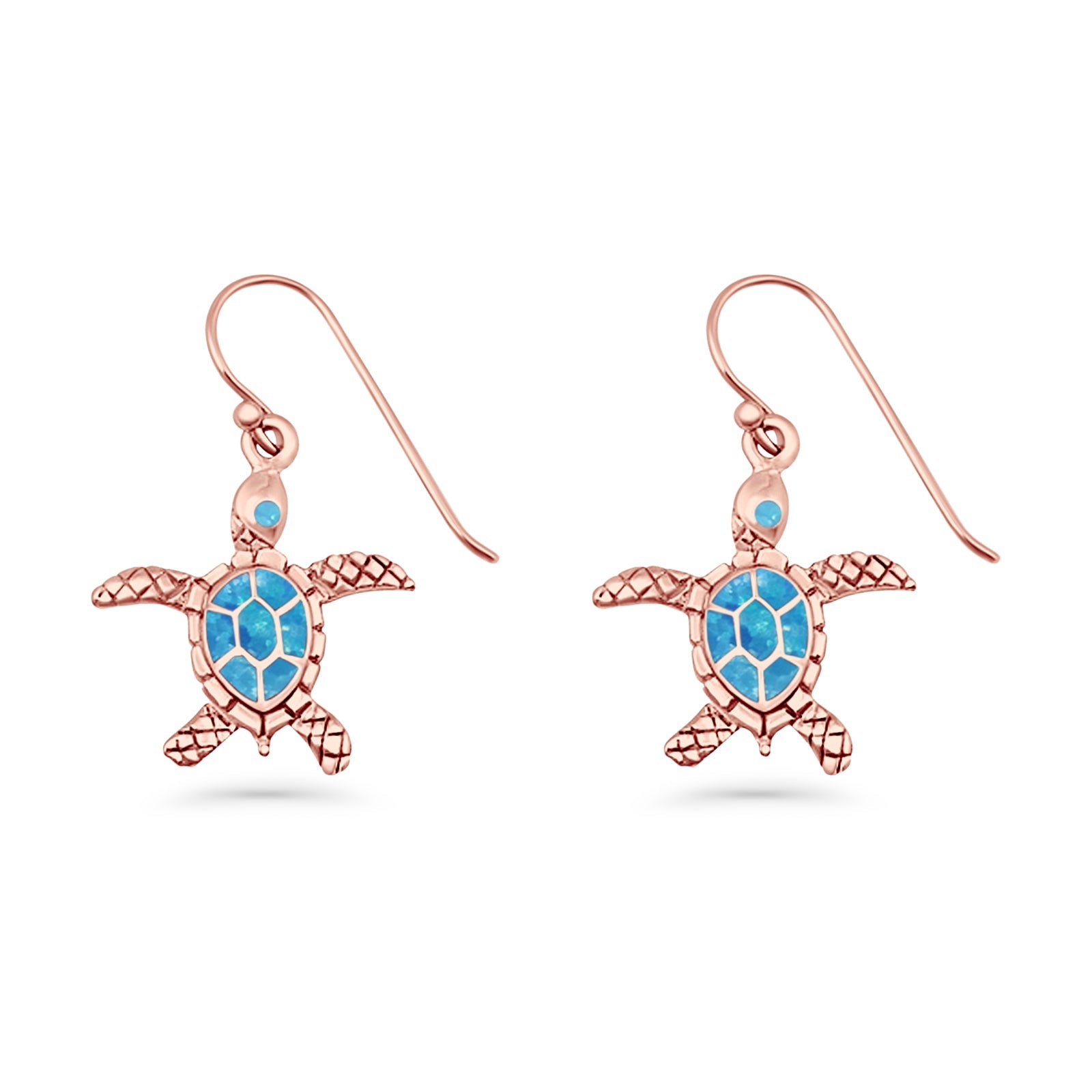 Turtle Dangle Drop 17.3mm Fishhook Earring Lab Created Blue Opal 925 Sterling Silver