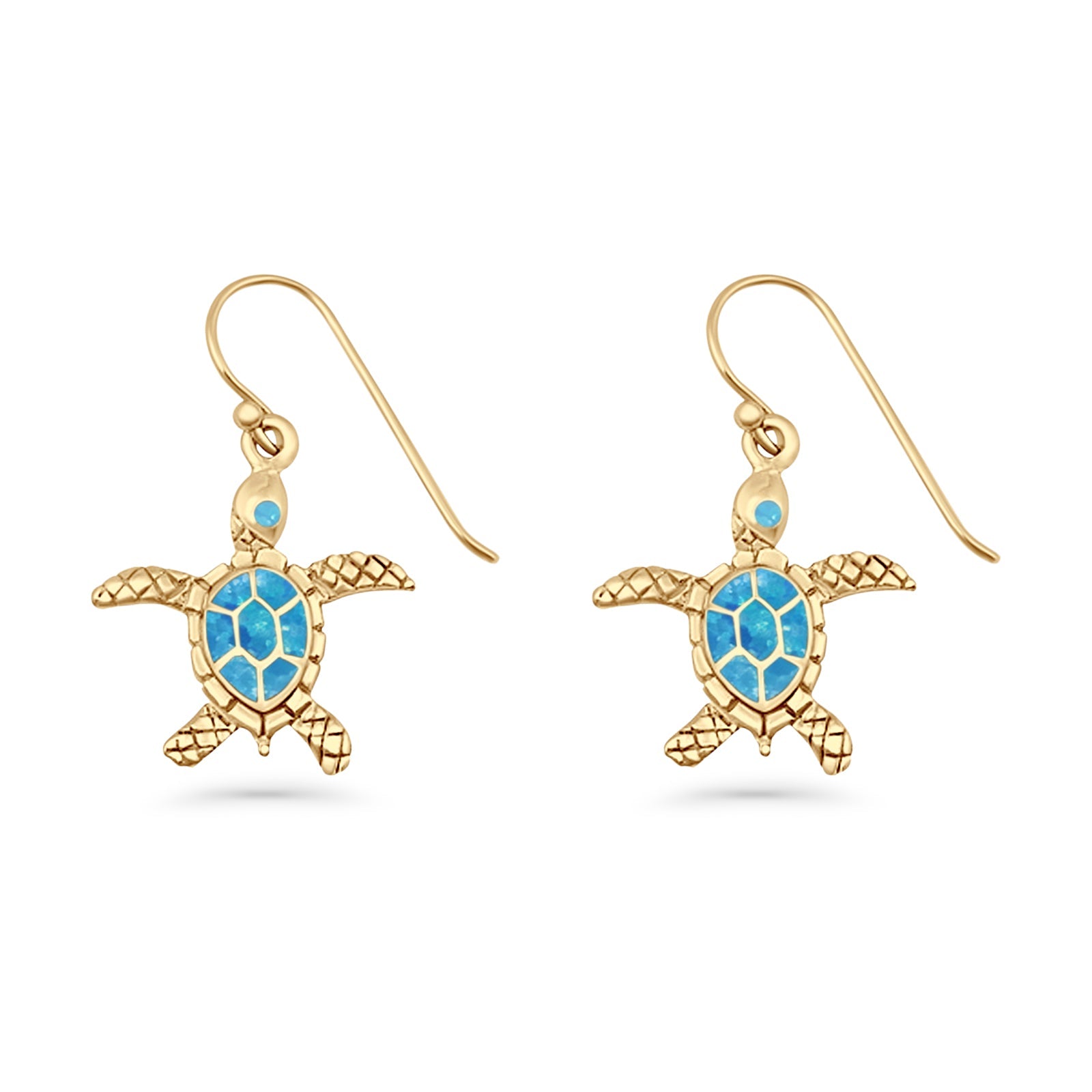 Turtle Dangle Drop 17.3mm Fishhook Earring Lab Created Blue Opal 925 Sterling Silver