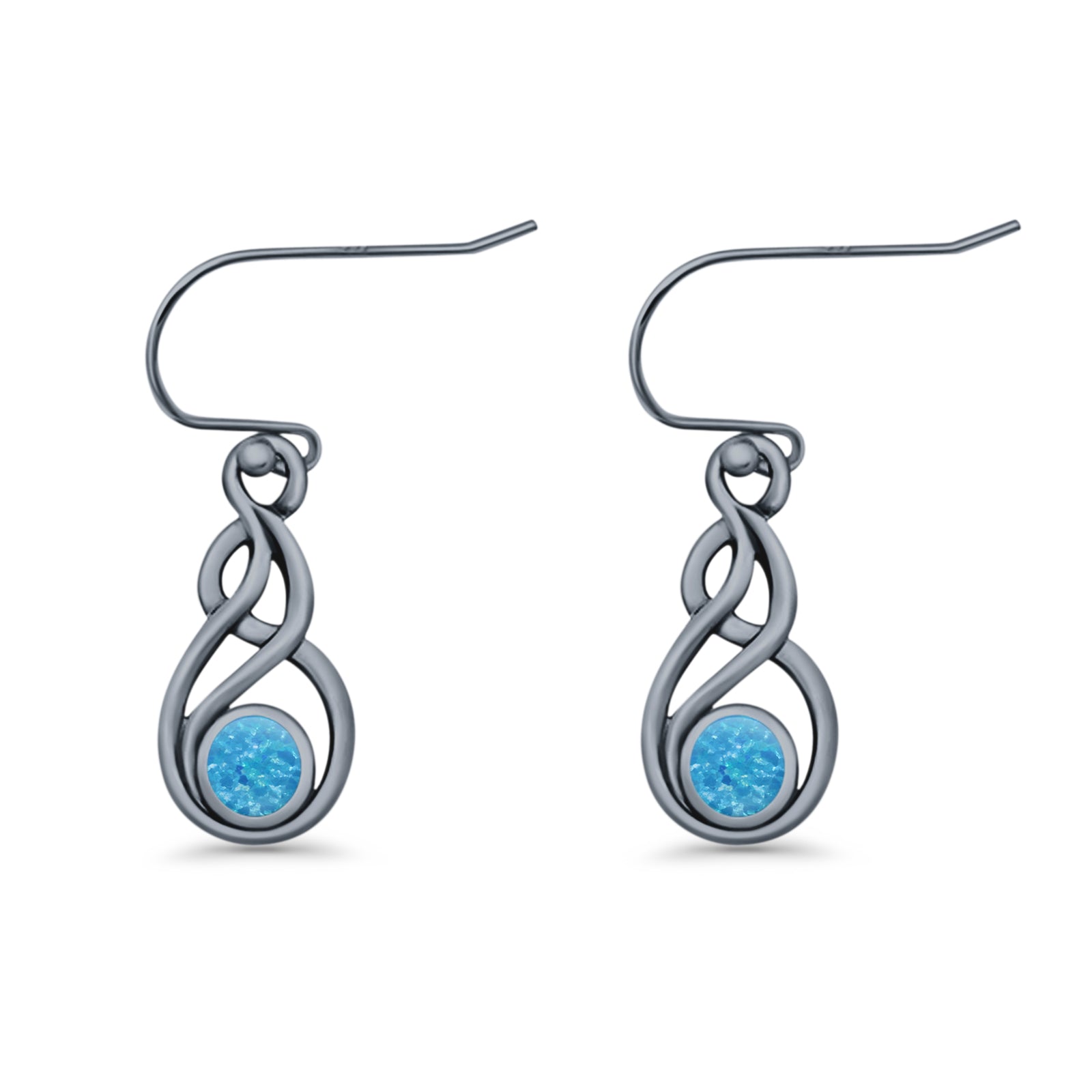 Round 21.5mm Twisted Loop Drop Fishhook Earring Oxidized Lab Created Opal 925 Sterling Silver