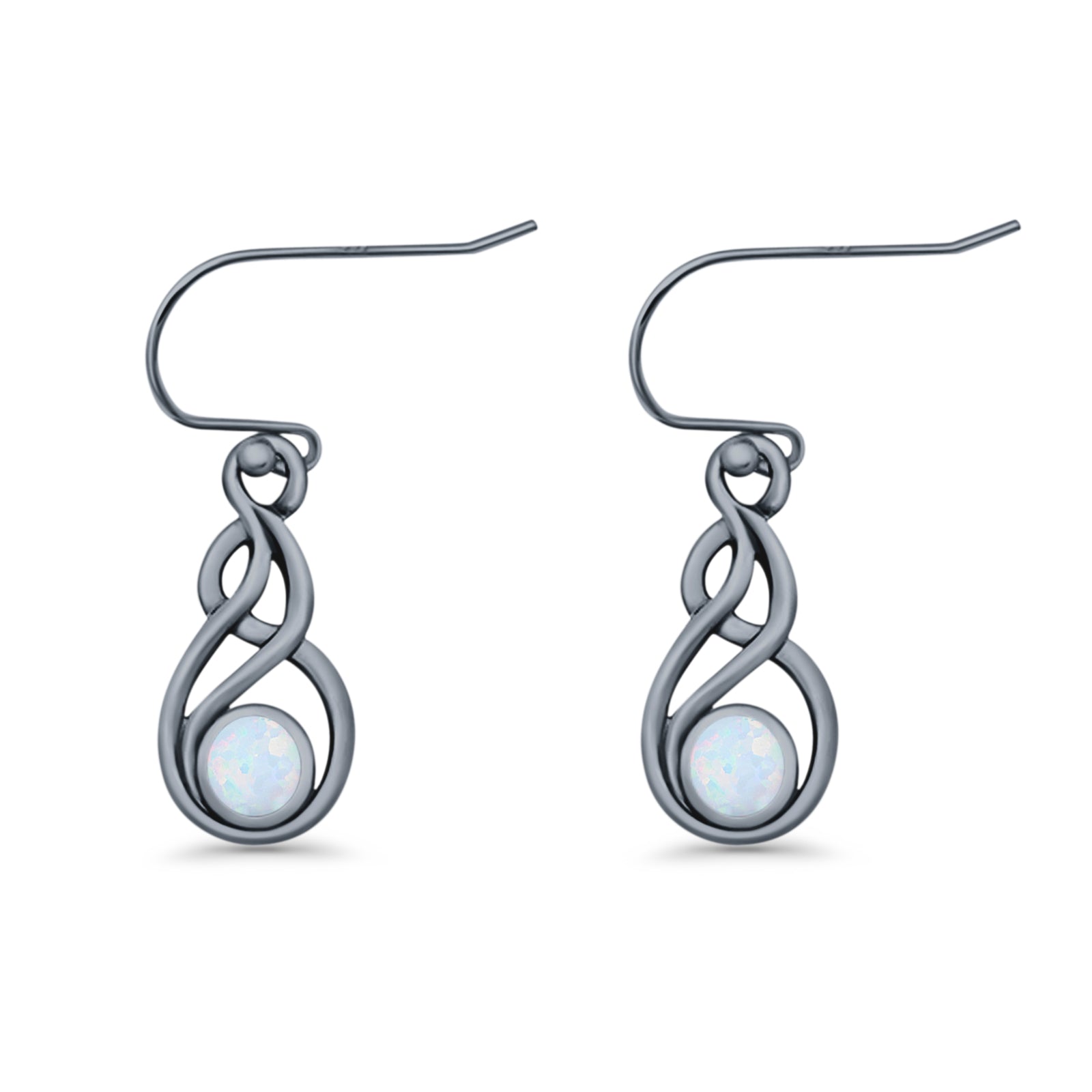 Round 21.5mm Twisted Loop Drop Fishhook Earring Oxidized Lab Created Opal 925 Sterling Silver