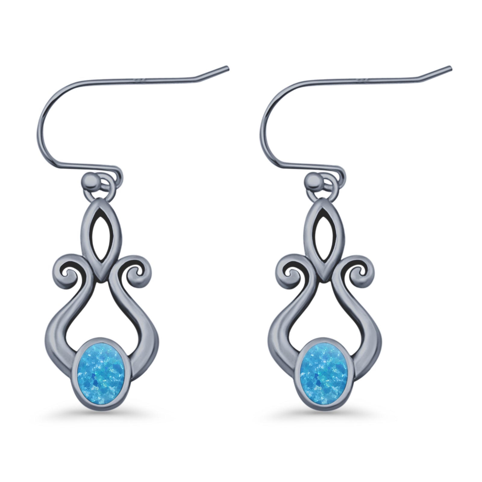 Oval Lab Created Opal 22.6mm Scroll Fishhook Earring 925 Sterling Silver