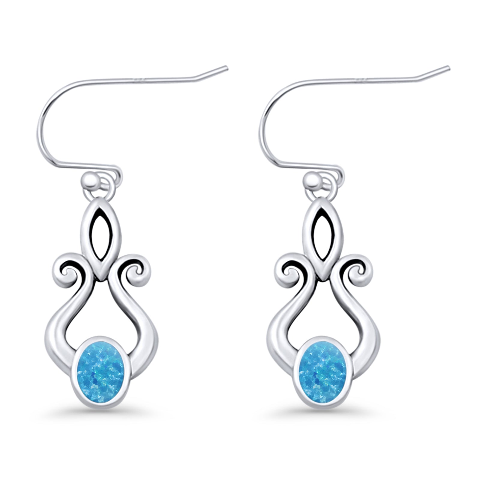 Oval Lab Created Opal 22.6mm Scroll Fishhook Earring 925 Sterling Silver